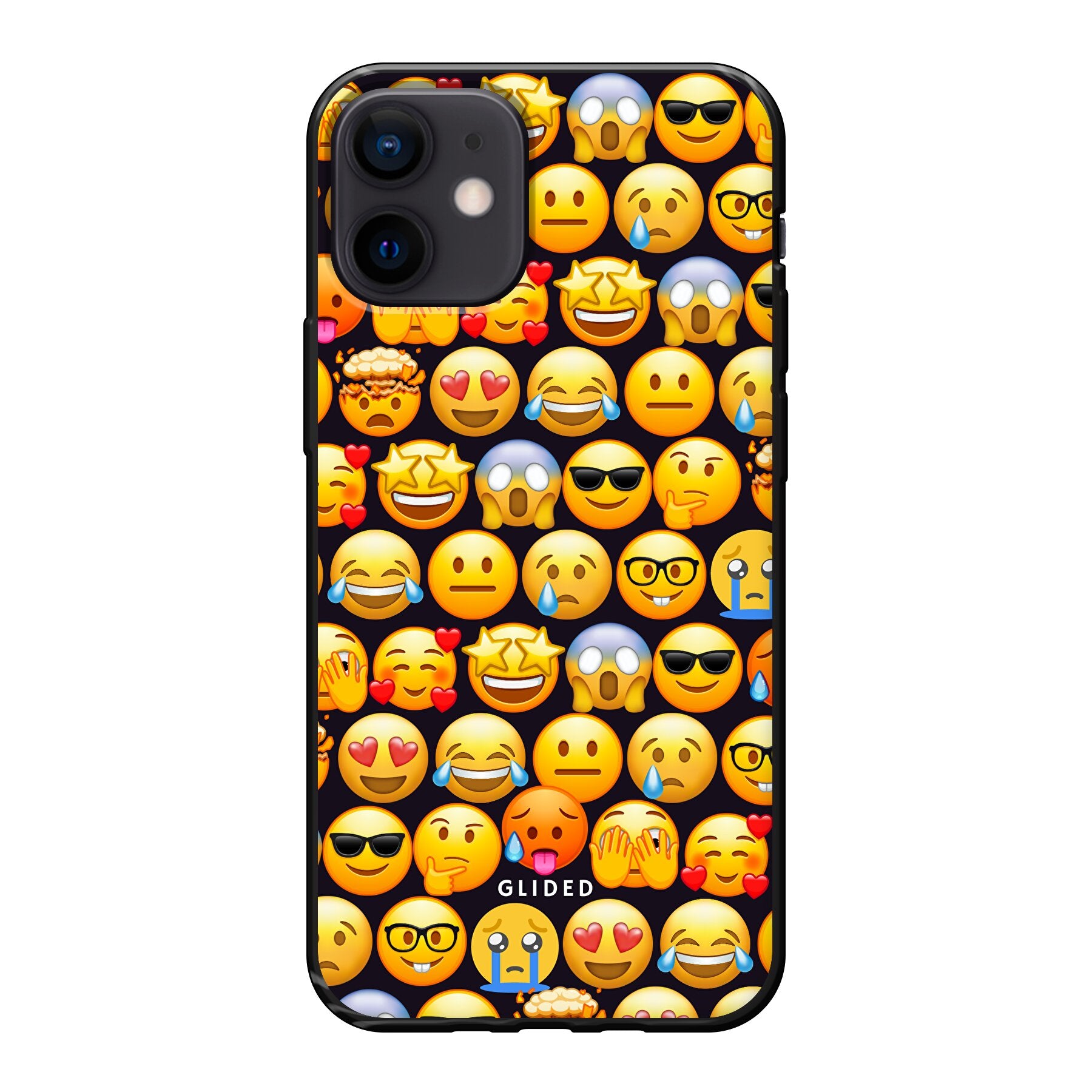 Bunte Emoji Town iPhone 12 mini Hülle mit verschiedenen Emojis, die Freude und Persönlichkeit ausstrahlen.