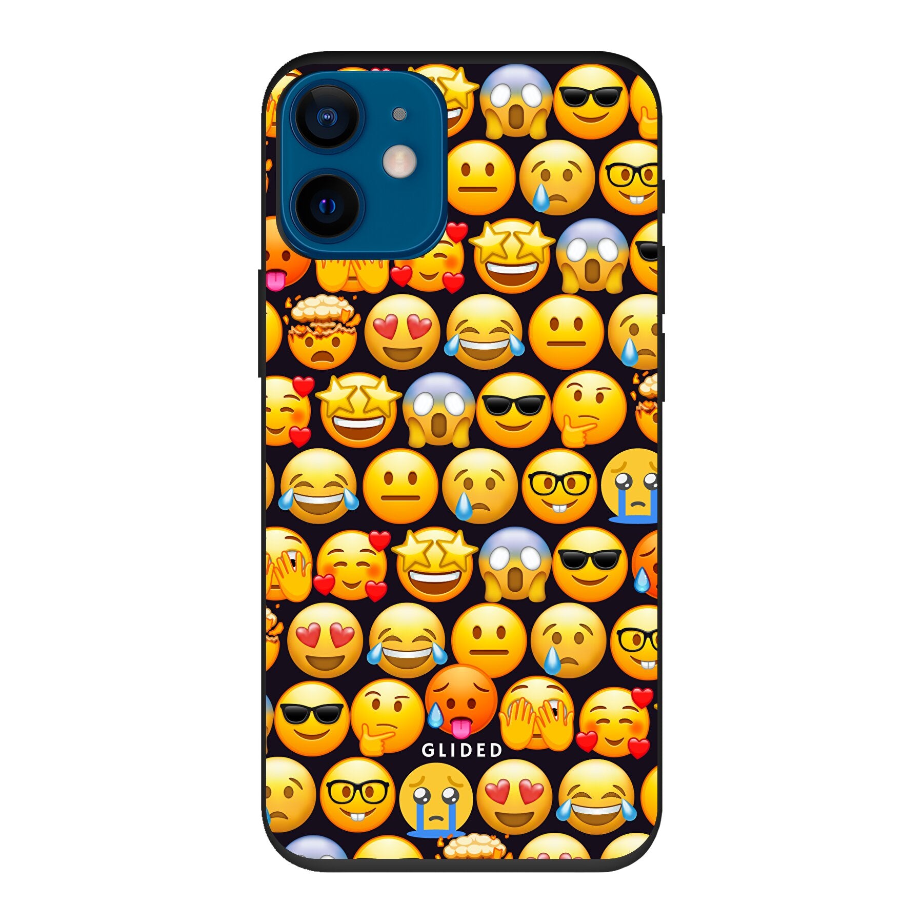 Bunte Emoji Town iPhone 12 mini Hülle mit verschiedenen Emojis, die Freude und Persönlichkeit ausstrahlen.