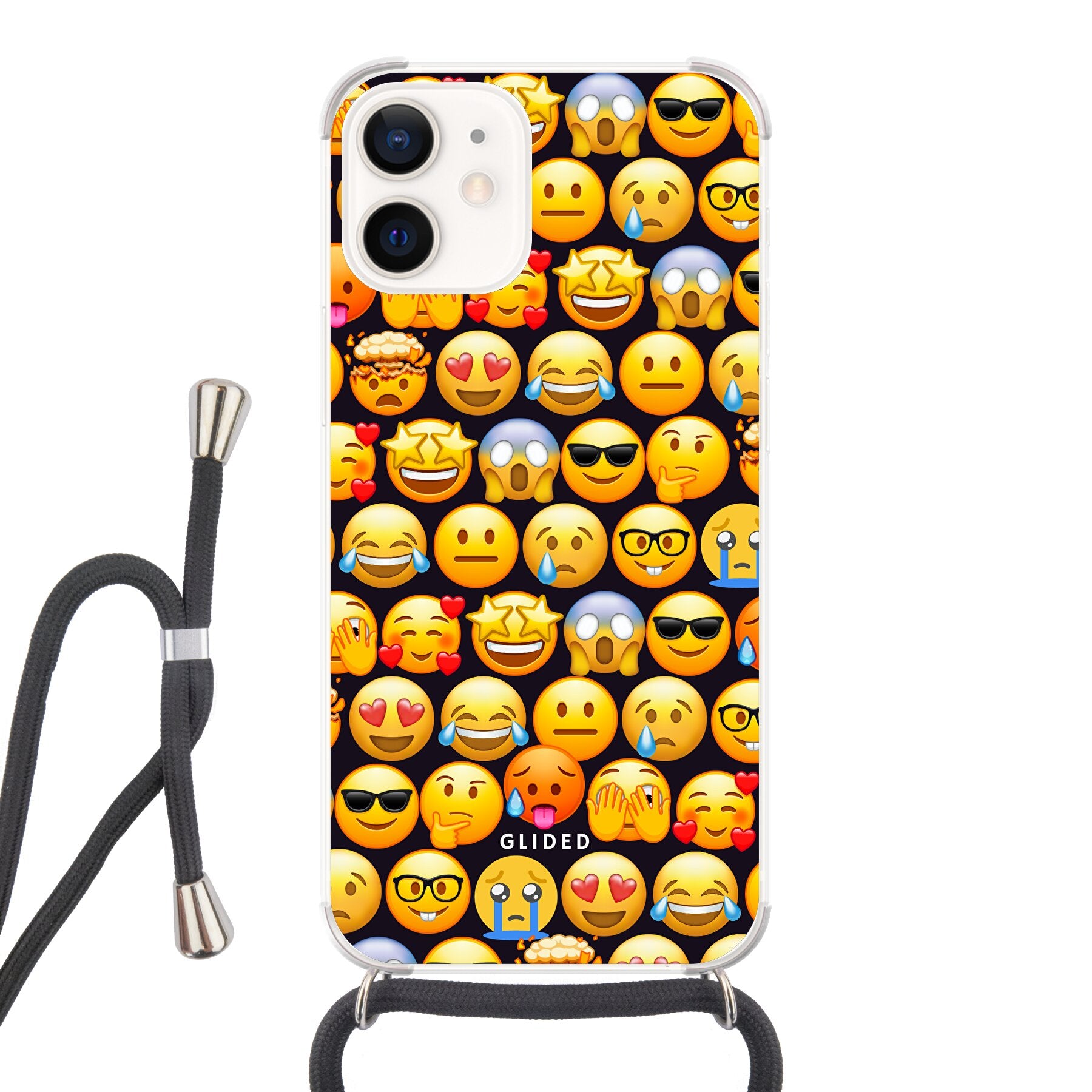 Bunte Emoji Town iPhone 12 mini Hülle mit verschiedenen Emojis, die Freude und Persönlichkeit ausstrahlen.