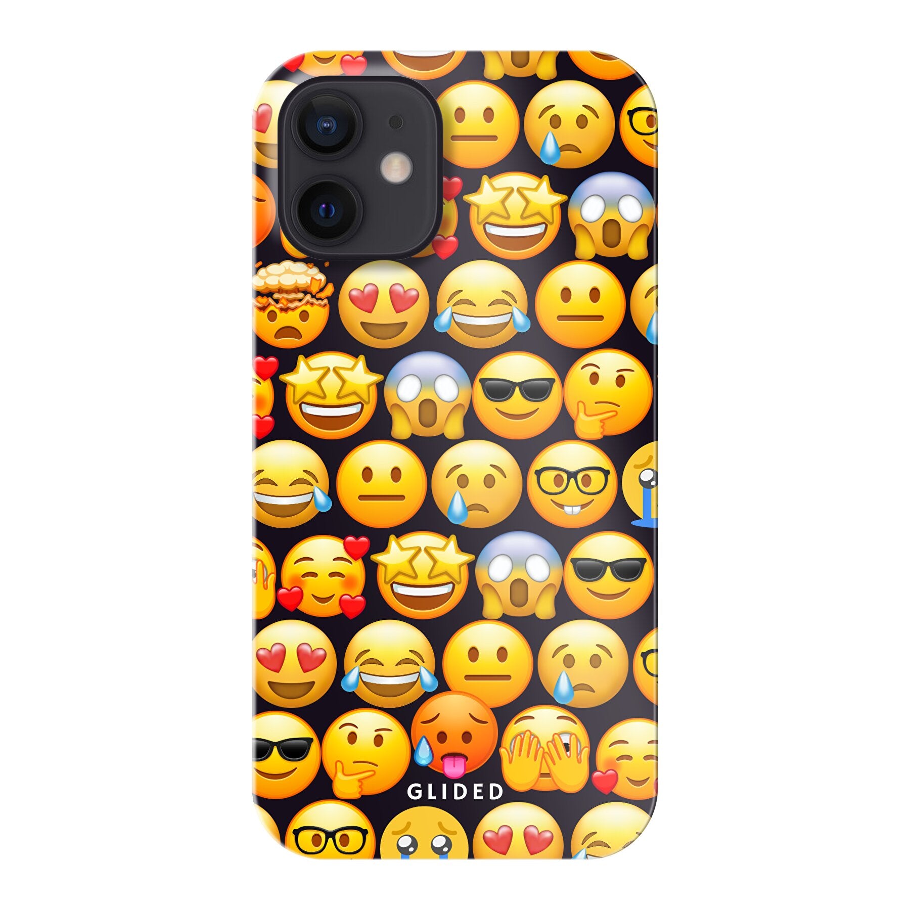 Bunte Emoji Town iPhone 12 mini Hülle mit verschiedenen Emojis, die Freude und Persönlichkeit ausstrahlen.