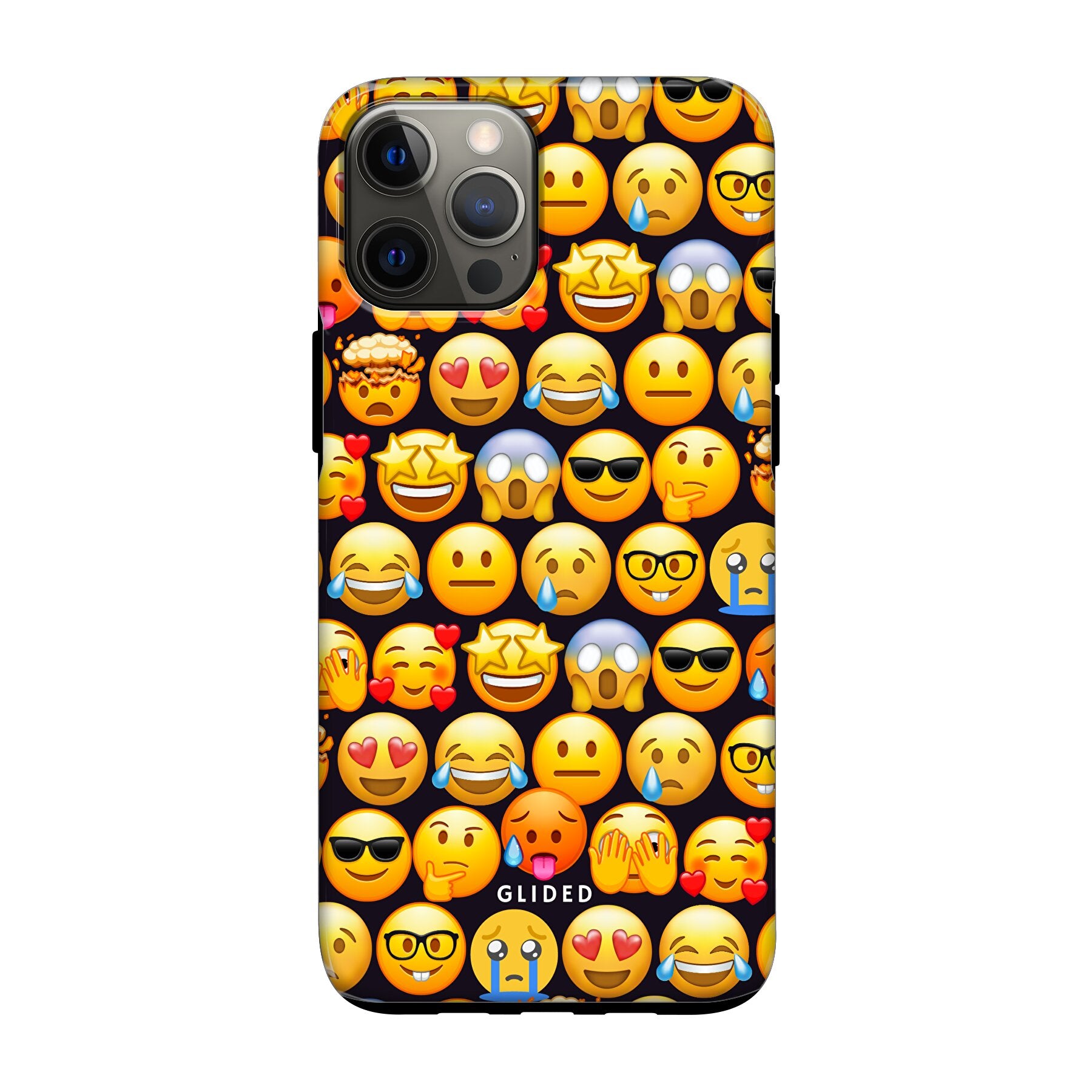 Bunte Emoji Town iPhone 12 Pro Handyhülle mit verschiedenen Emojis, die Freude und Persönlichkeit ausstrahlen.
