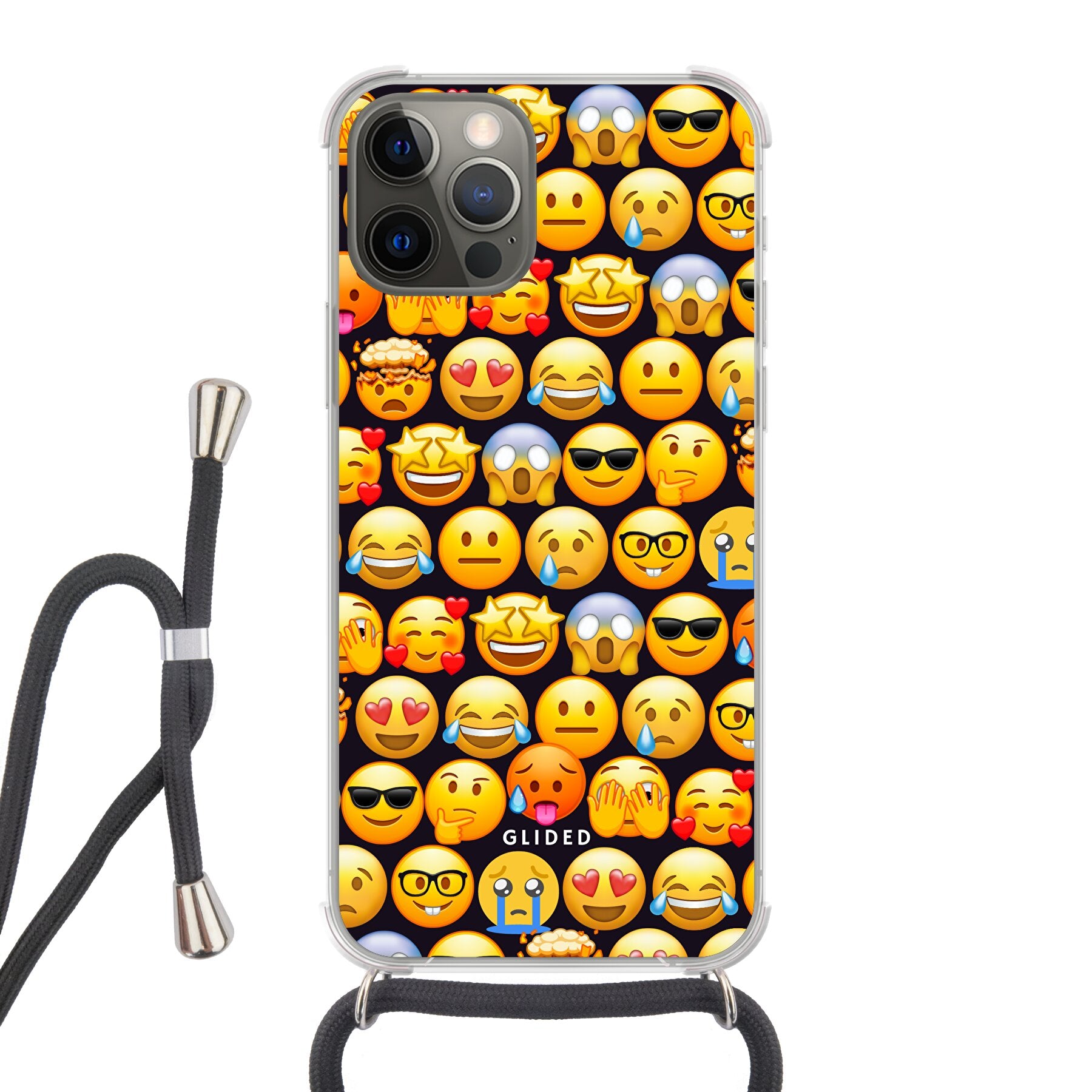 Bunte Emoji Town iPhone 12 Pro Handyhülle mit verschiedenen Emojis, die Freude und Persönlichkeit ausstrahlen.