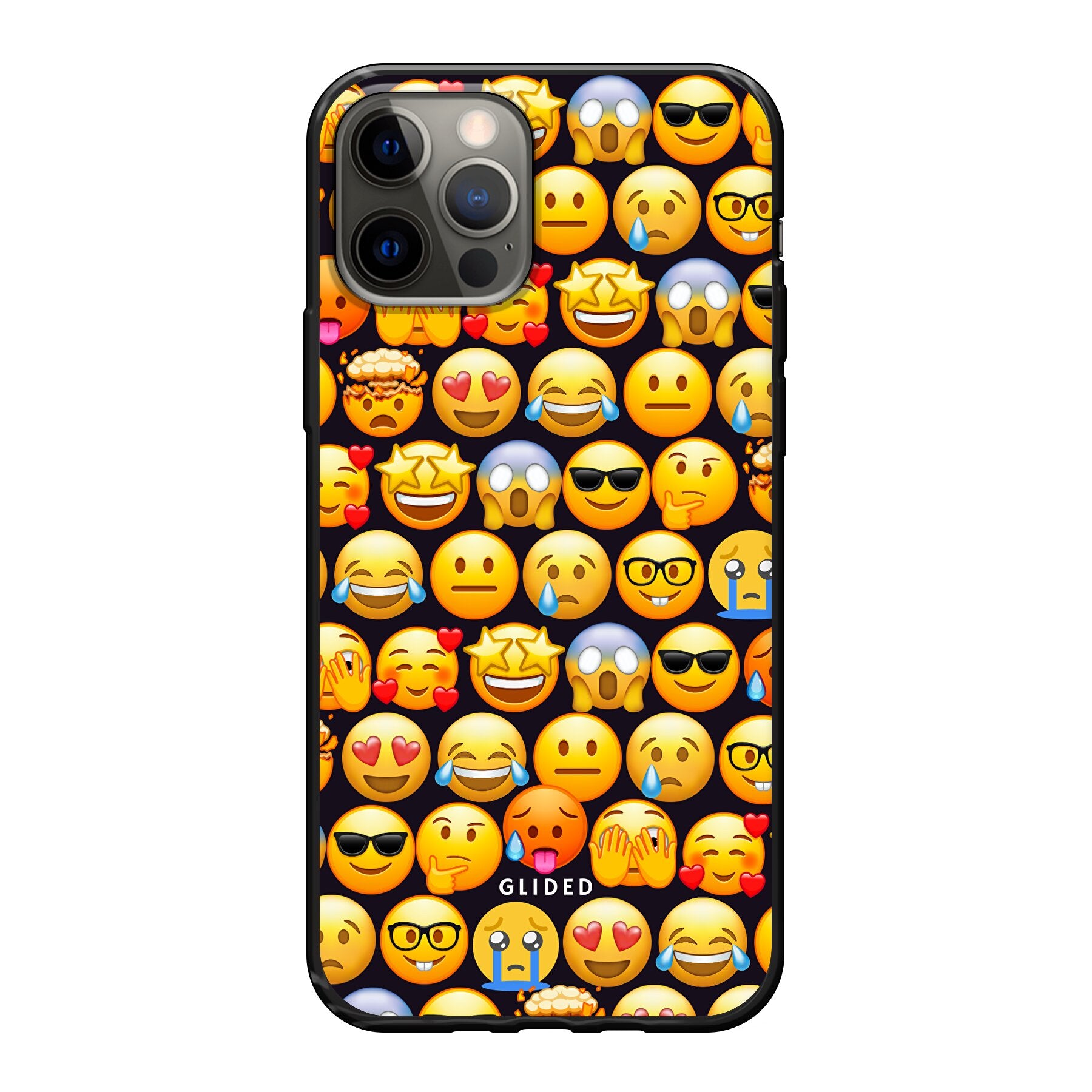Bunte Emoji Town iPhone 12 Pro Handyhülle mit verschiedenen Emojis, die Freude und Persönlichkeit ausstrahlen.