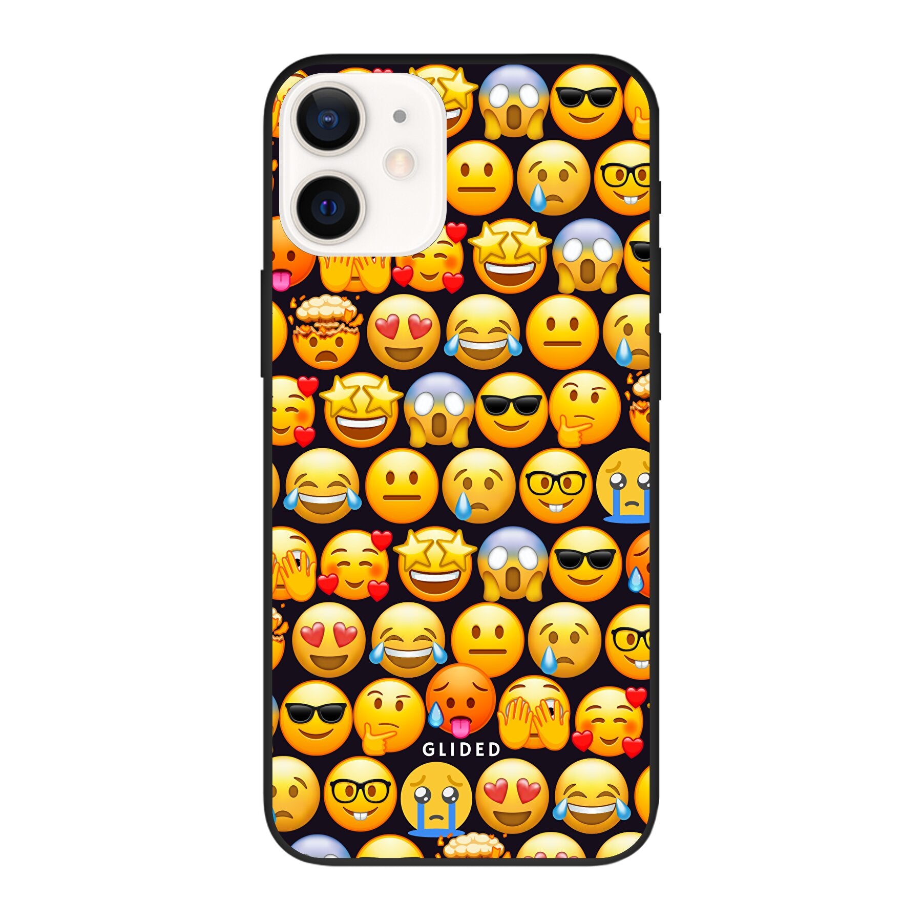 Bunte Emoji Town iPhone 12 Pro Handyhülle mit verschiedenen Emojis, die Freude und Persönlichkeit ausstrahlen.