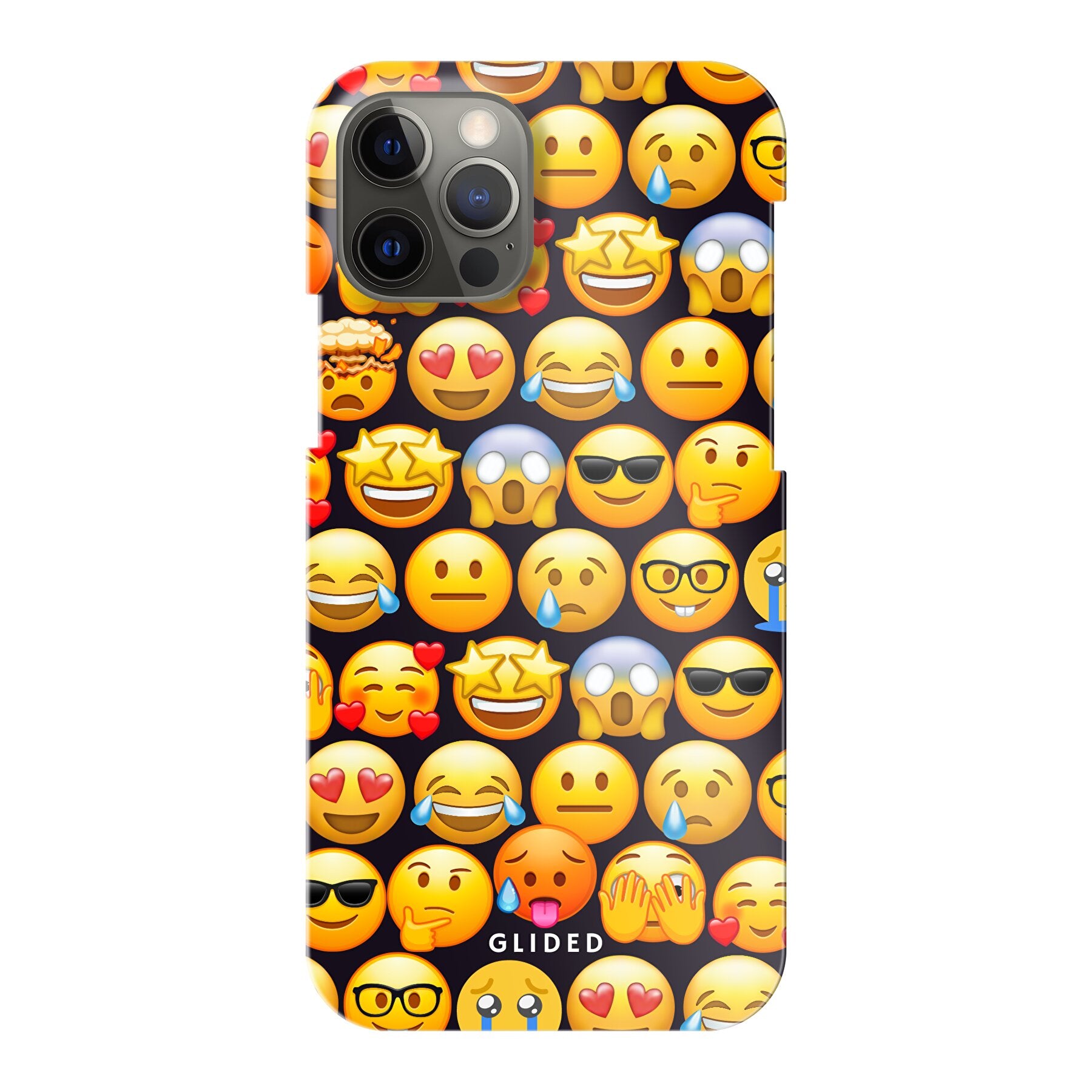 Bunte Emoji Town iPhone 12 Pro Handyhülle mit verschiedenen Emojis, die Freude und Persönlichkeit ausstrahlen.