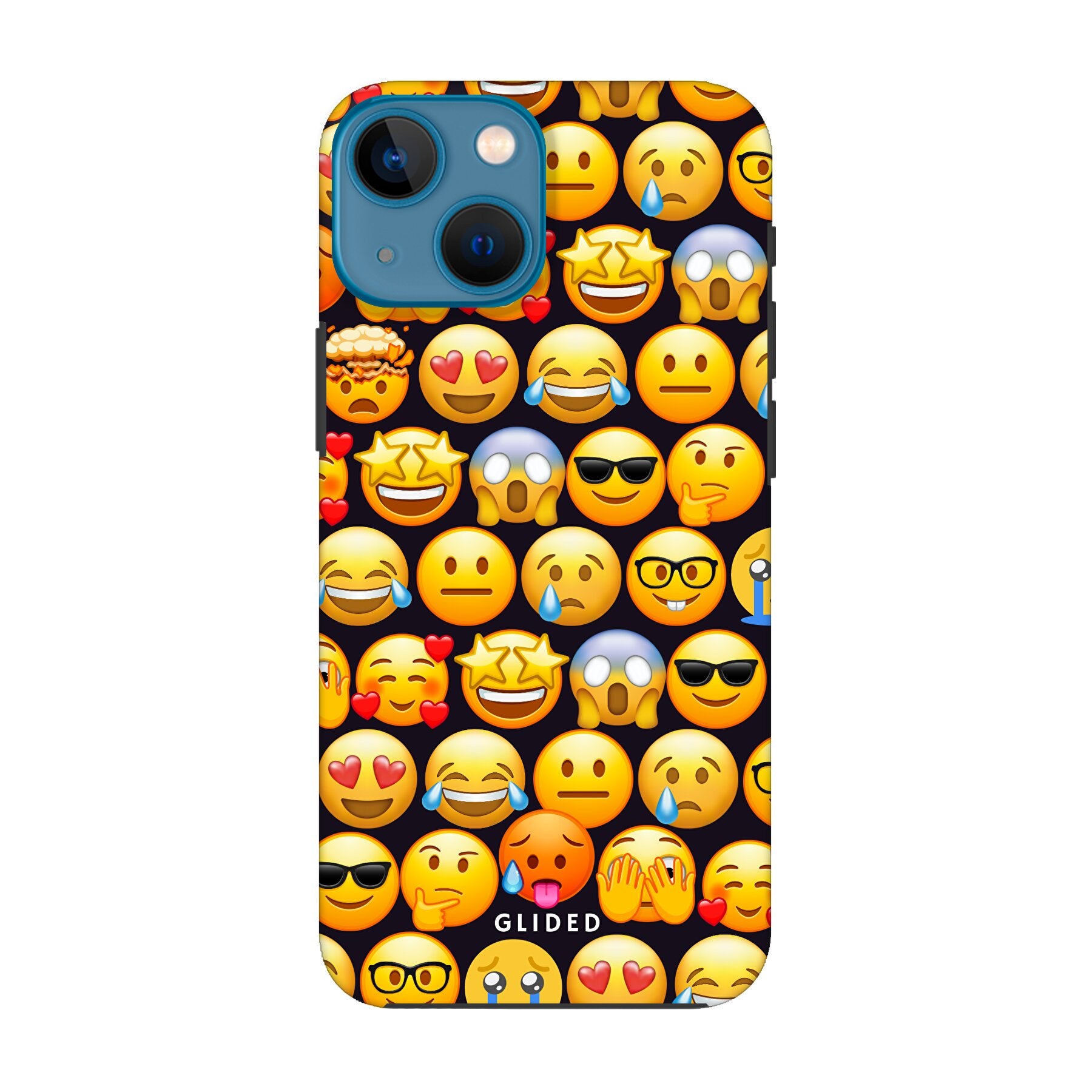 Bunte Emoji Town iPhone 13 mini Hülle mit verschiedenen Emojis, die Freude und Persönlichkeit ausstrahlen.