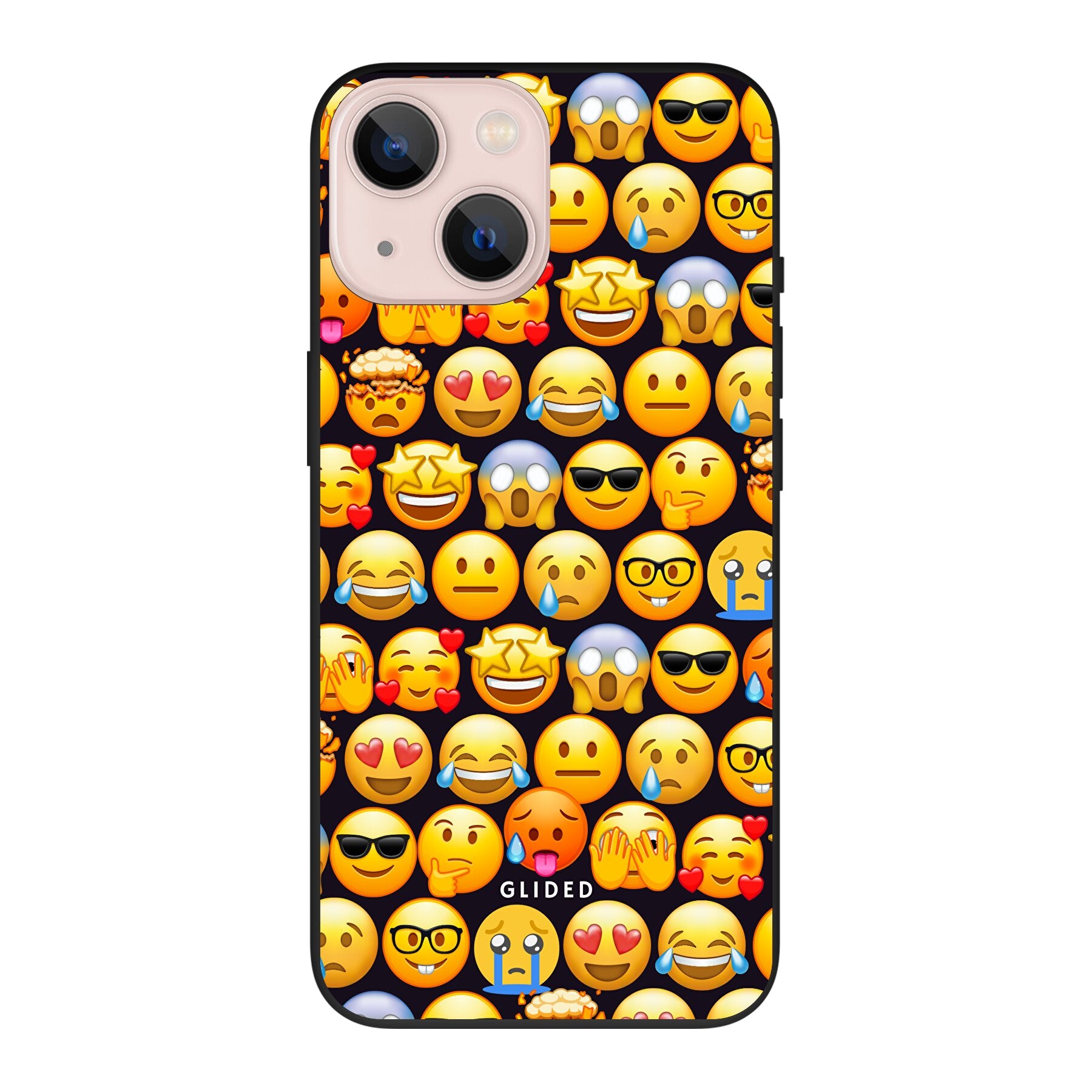 Bunte Emoji Town iPhone 13 mini Hülle mit verschiedenen Emojis, die Freude und Persönlichkeit ausstrahlen.
