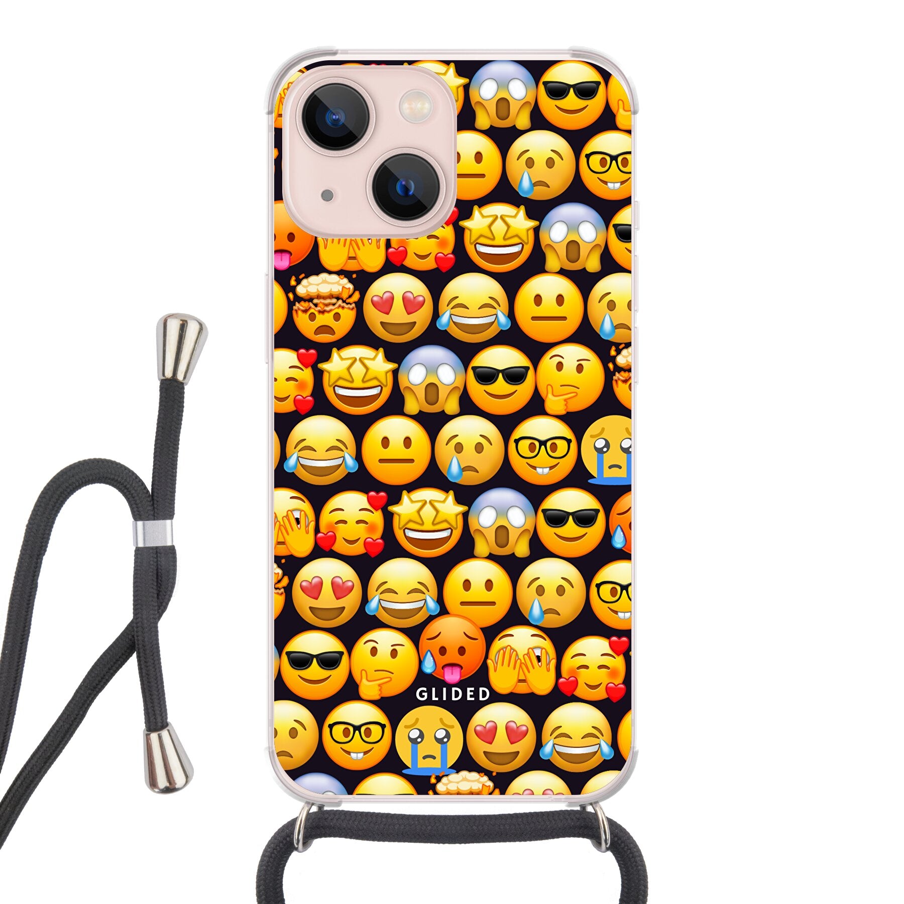 Bunte Emoji Town iPhone 13 mini Hülle mit verschiedenen Emojis, die Freude und Persönlichkeit ausstrahlen.