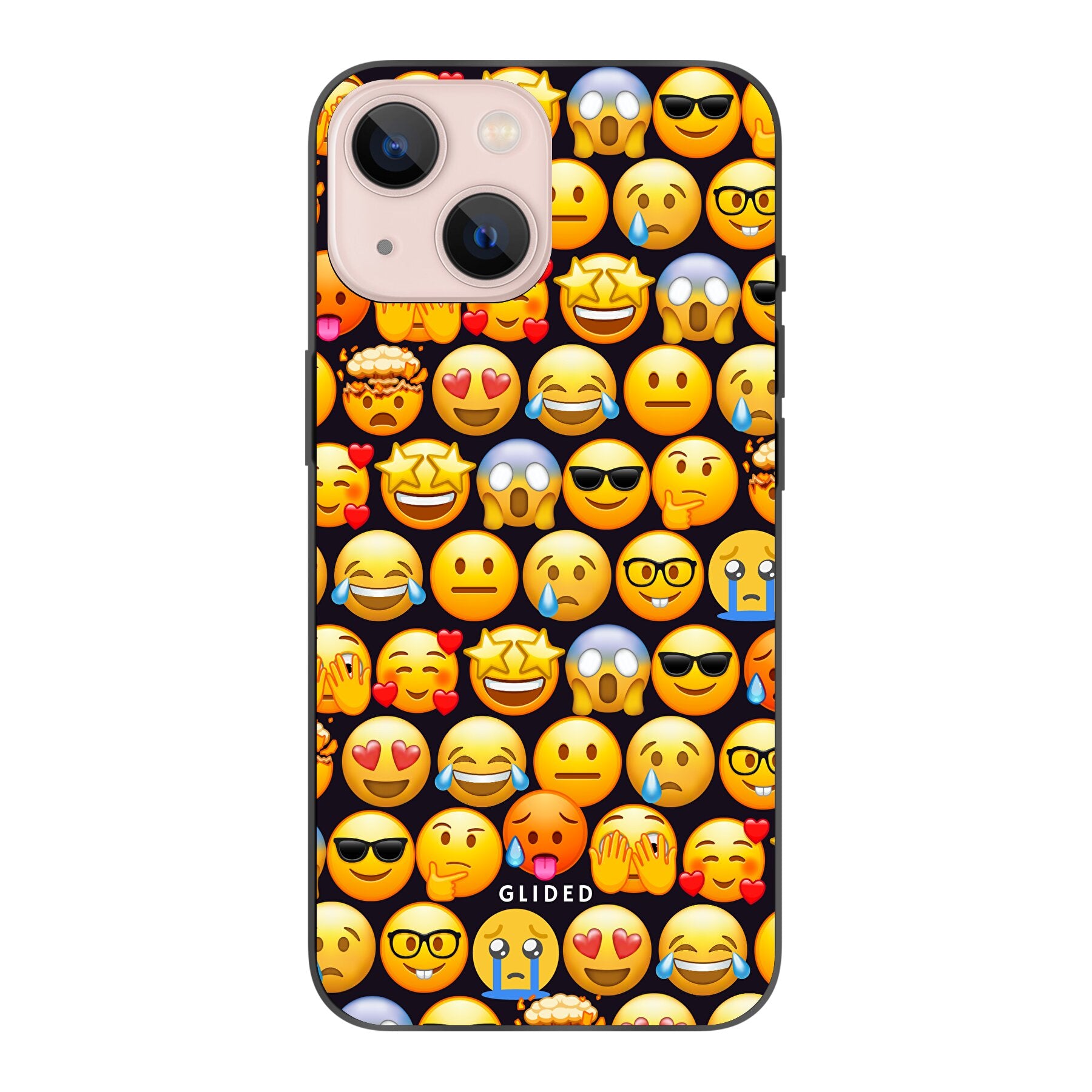 Bunte Emoji Town iPhone 13 mini Hülle mit verschiedenen Emojis, die Freude und Persönlichkeit ausstrahlen.