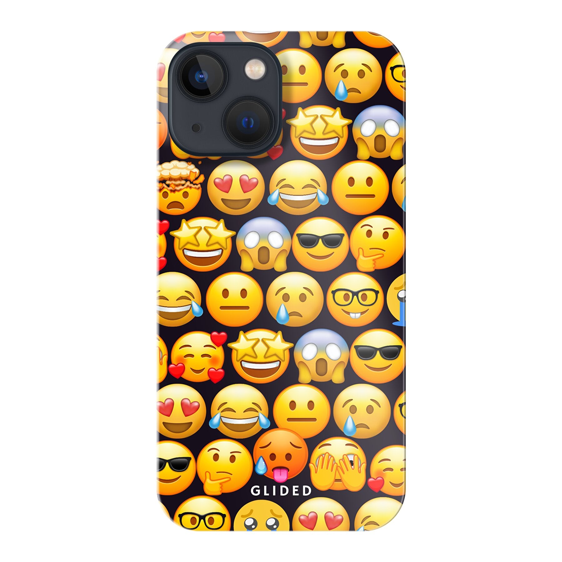 Bunte Emoji Town iPhone 13 mini Hülle mit verschiedenen Emojis, die Freude und Persönlichkeit ausstrahlen.