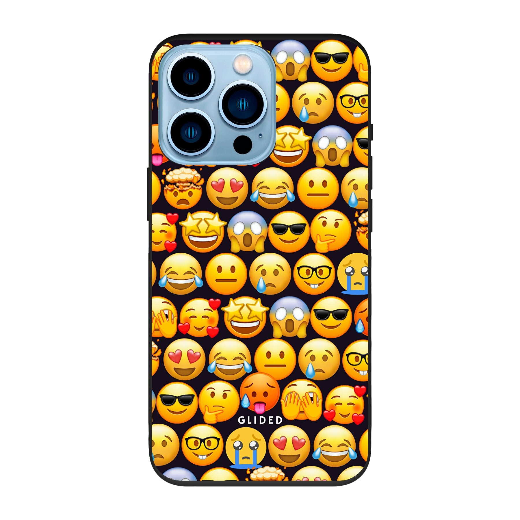 Bunte Emoji Town iPhone 13 Pro Handyhülle mit verschiedenen Emojis, die Freude und Persönlichkeit ausstrahlen.