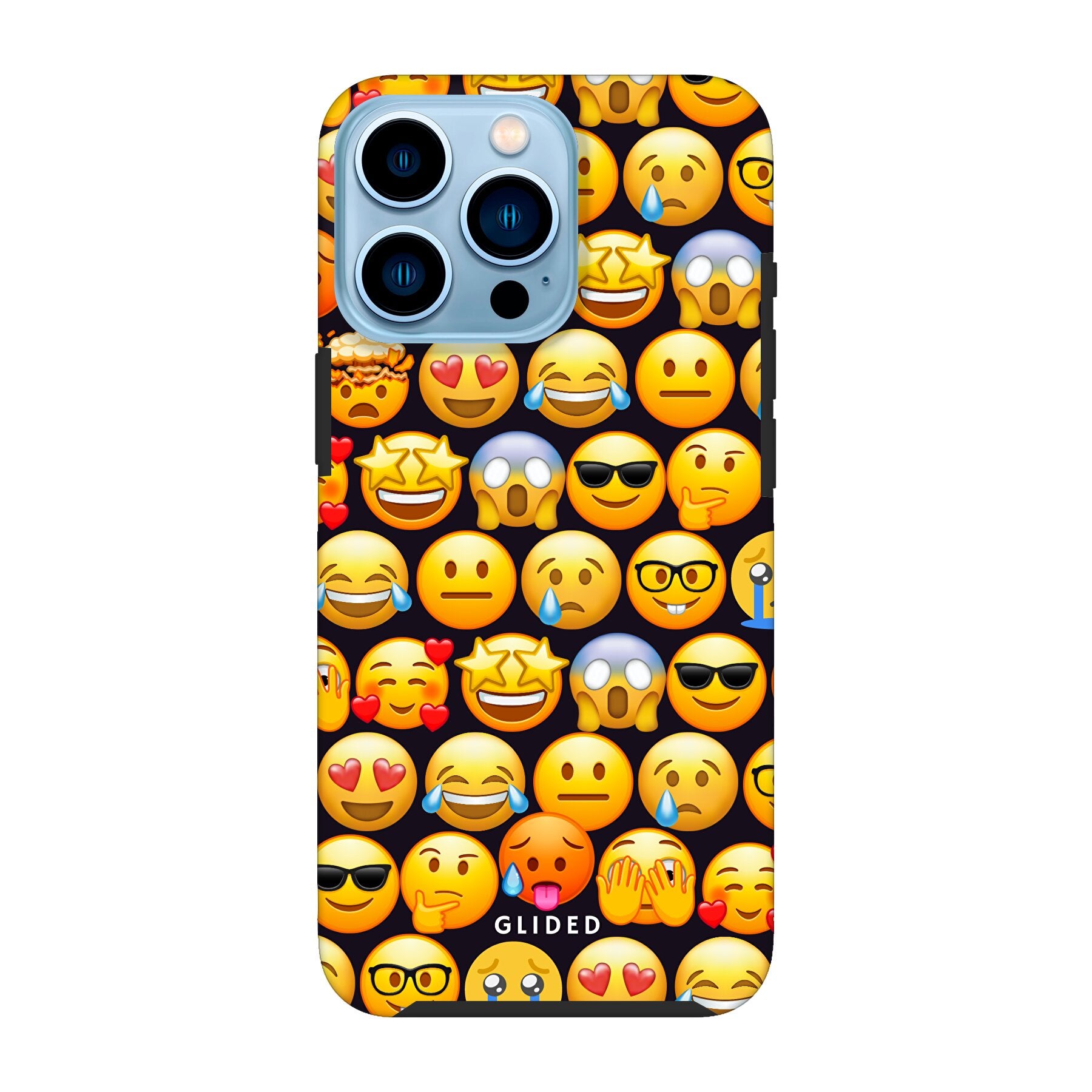 Bunte Emoji Town iPhone 13 Pro Handyhülle mit verschiedenen Emojis, die Freude und Persönlichkeit ausstrahlen.