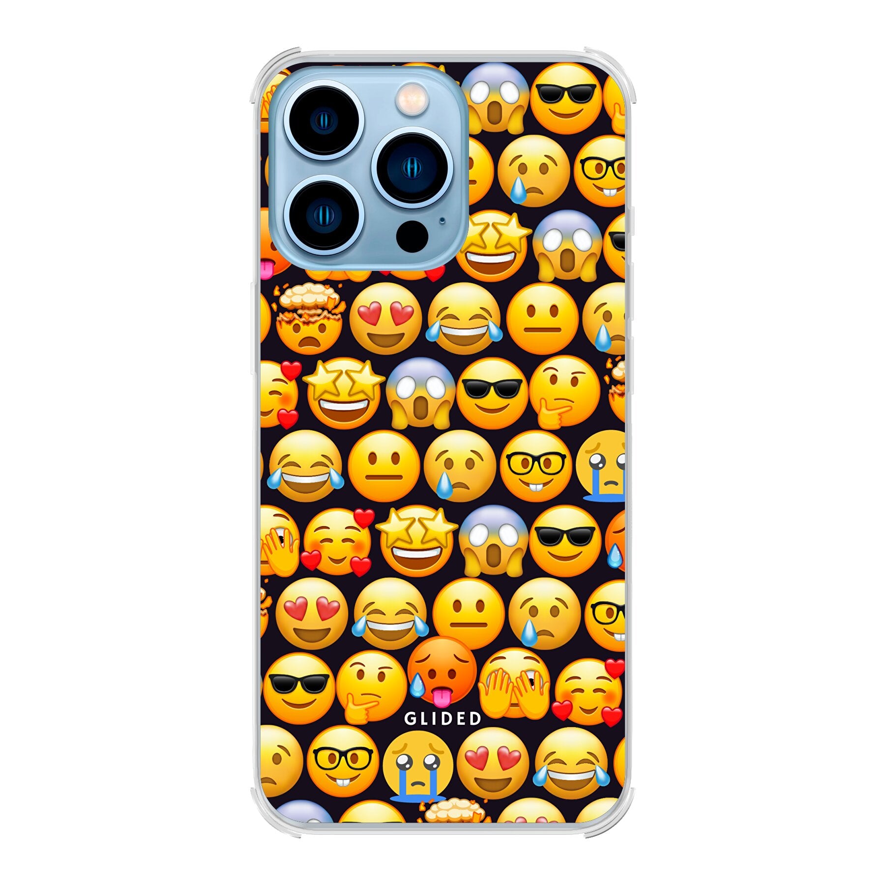 Bunte Emoji Town iPhone 13 Pro Handyhülle mit verschiedenen Emojis, die Freude und Persönlichkeit ausstrahlen.