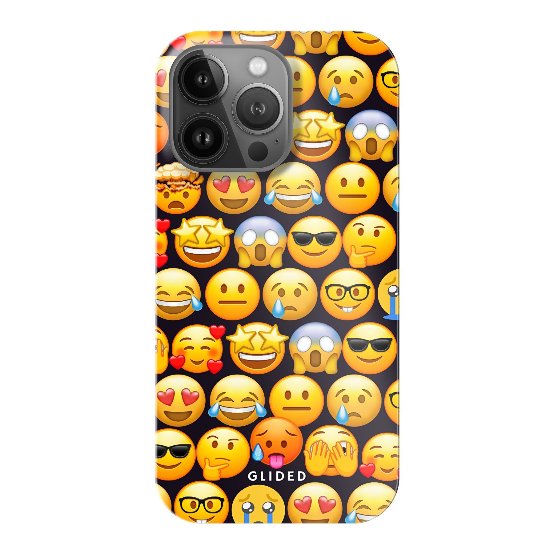 Bunte Emoji Town iPhone 13 Pro Handyhülle mit verschiedenen Emojis, die Freude und Persönlichkeit ausstrahlen.