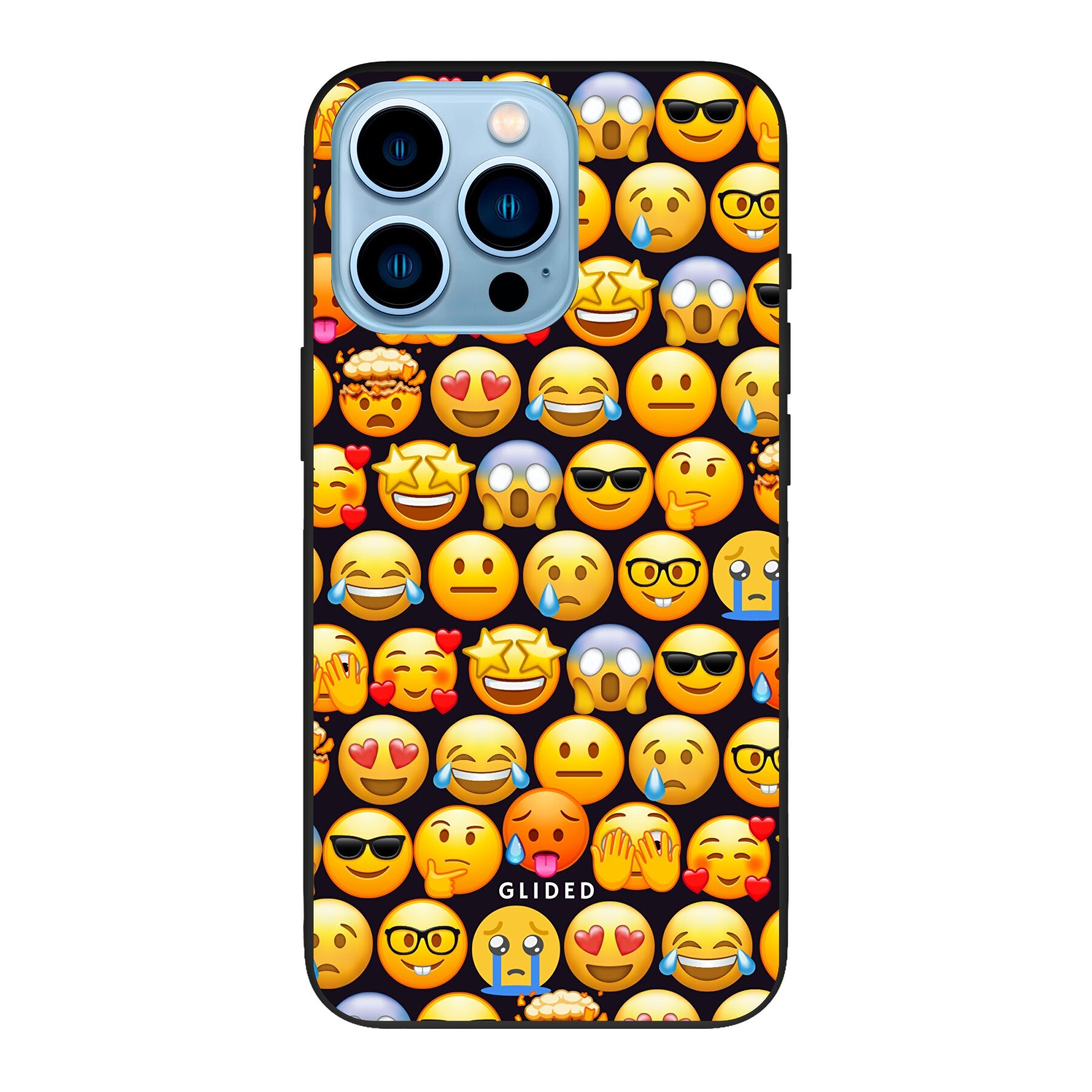 Bunte Emoji Town iPhone 13 Pro Max Handyhülle mit verschiedenen Emojis, die Freude und Persönlichkeit ausstrahlen.