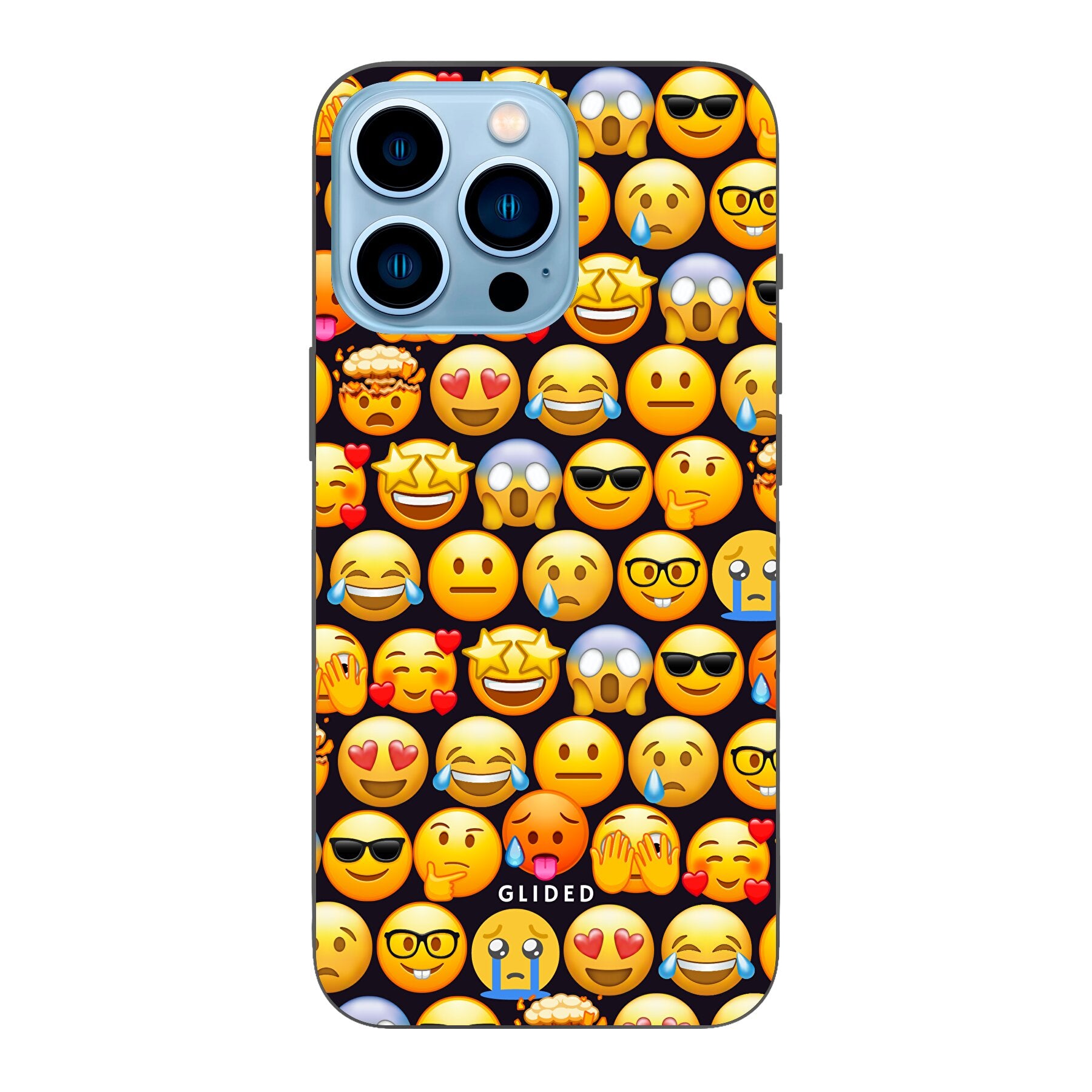 Bunte Emoji Town iPhone 13 Pro Max Handyhülle mit verschiedenen Emojis, die Freude und Persönlichkeit ausstrahlen.