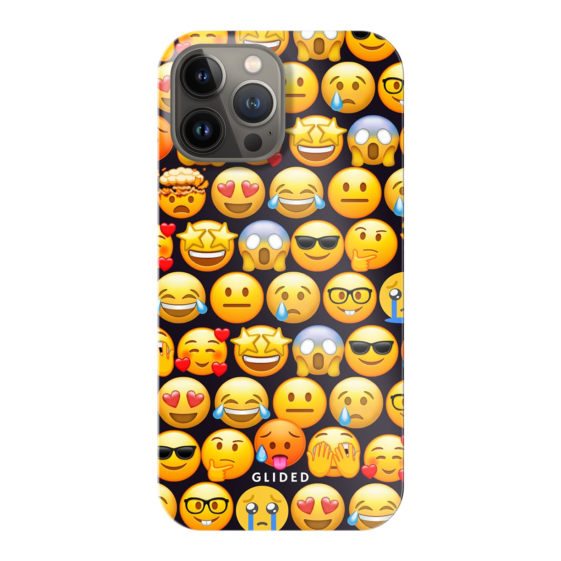 Bunte Emoji Town iPhone 13 Pro Max Handyhülle mit verschiedenen Emojis, die Freude und Persönlichkeit ausstrahlen.