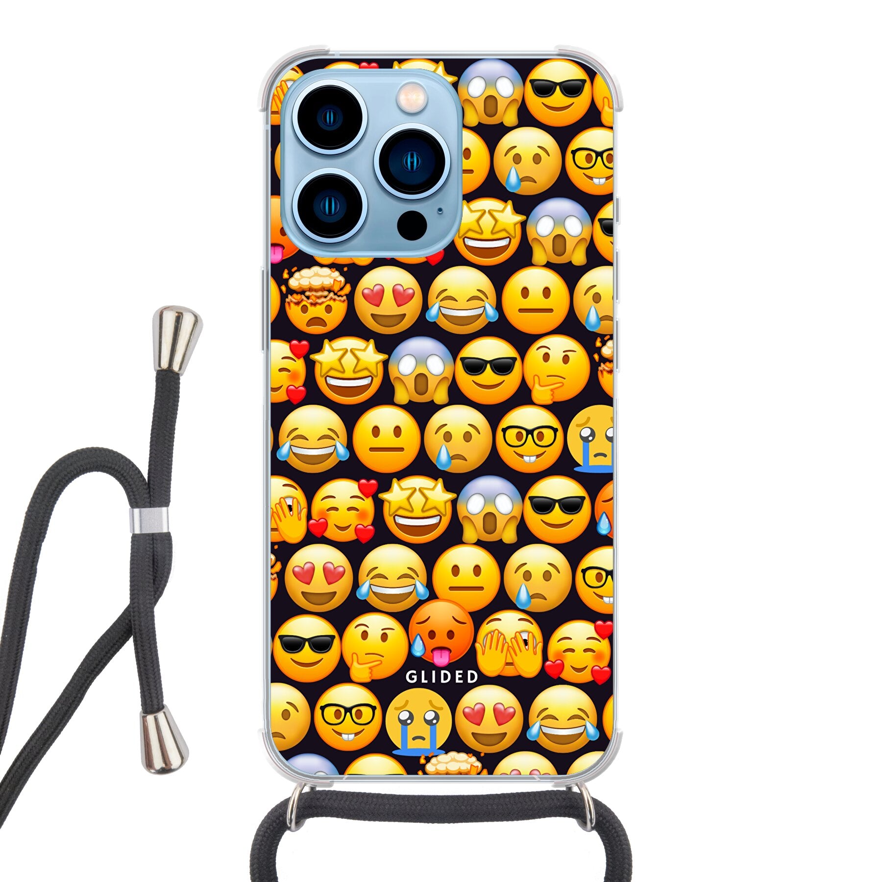Bunte Emoji Town iPhone 13 Pro Max Handyhülle mit verschiedenen Emojis, die Freude und Persönlichkeit ausstrahlen.