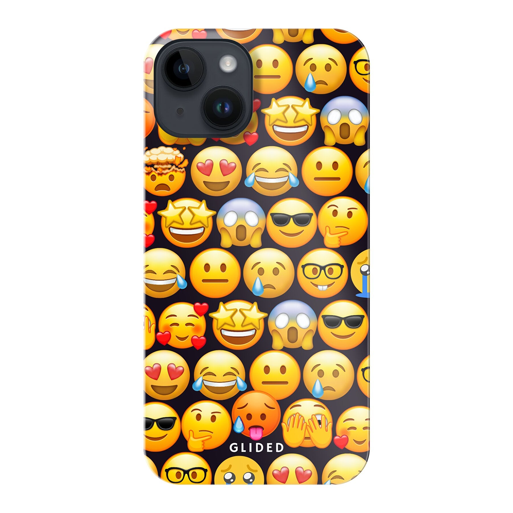 Bunte Emoji Town iPhone 14 Handyhülle mit verschiedenen Emojis, die Freude und Persönlichkeit ausdrücken.
