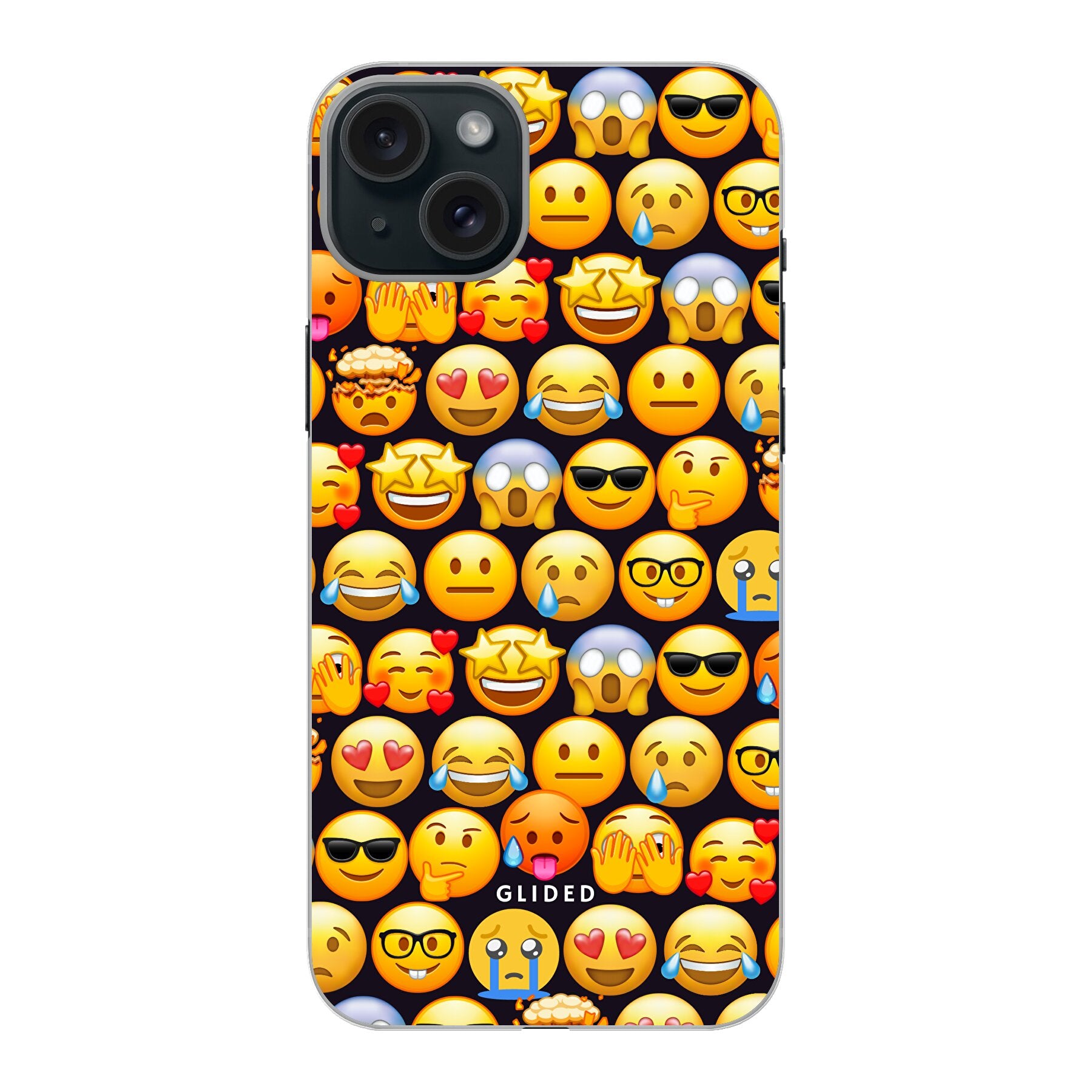 Bunte Emoji Town iPhone 15 Plus Handyhülle mit verschiedenen Emojis, die Freude und Persönlichkeit ausstrahlen.