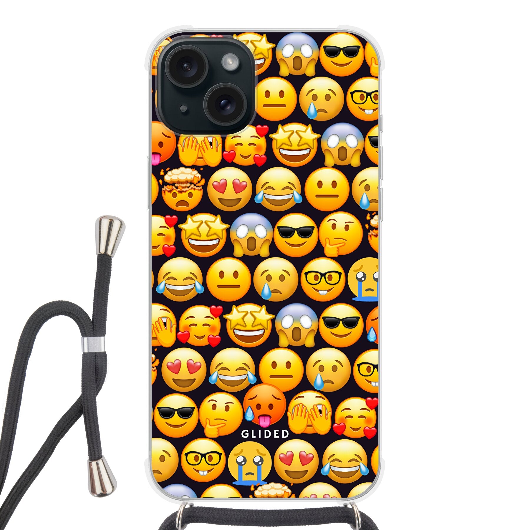 Bunte Emoji Town iPhone 15 Plus Handyhülle mit verschiedenen Emojis, die Freude und Persönlichkeit ausstrahlen.