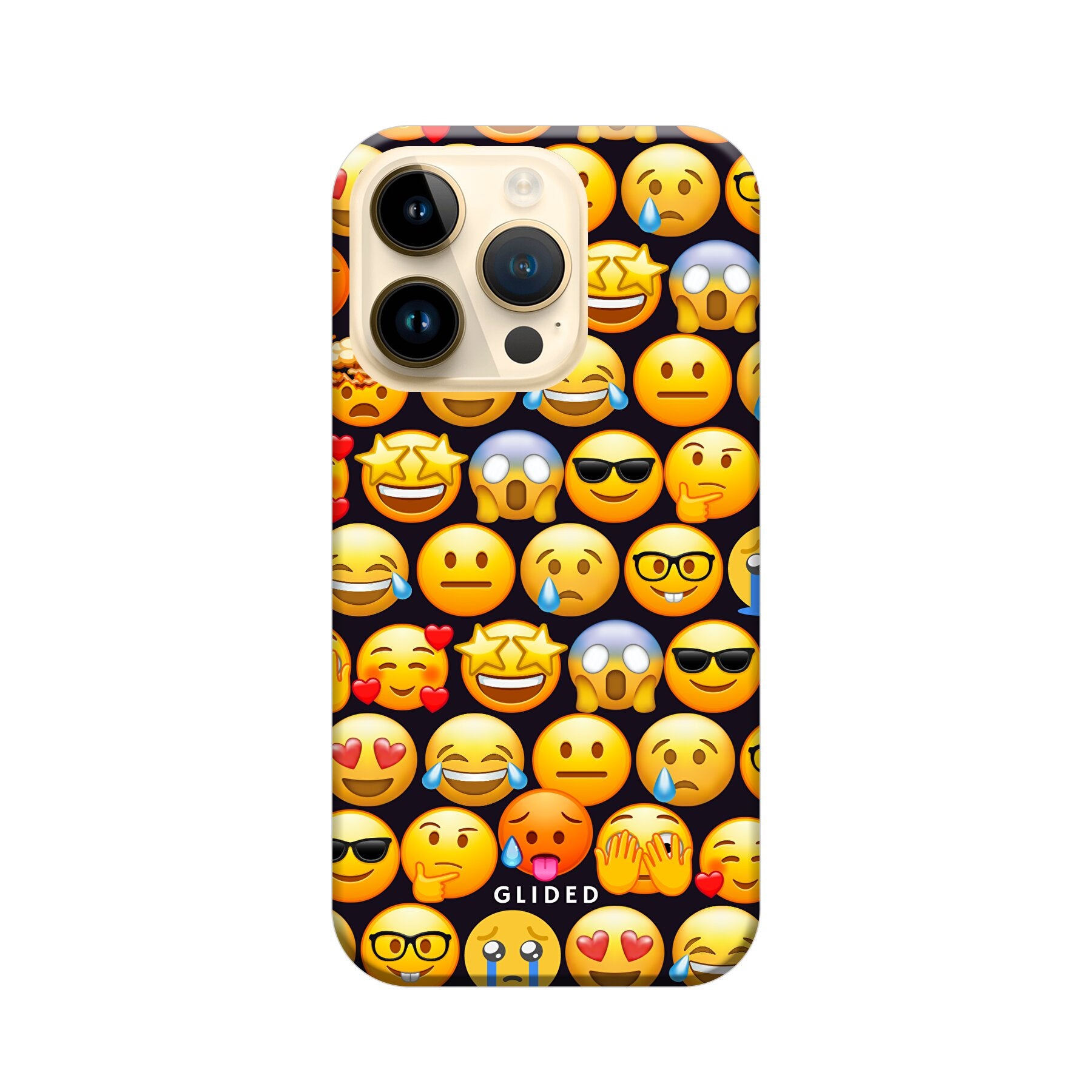 Bunte Emoji Town iPhone 15 Pro Handyhülle mit verschiedenen Emojis, die Freude und Persönlichkeit ausstrahlen.