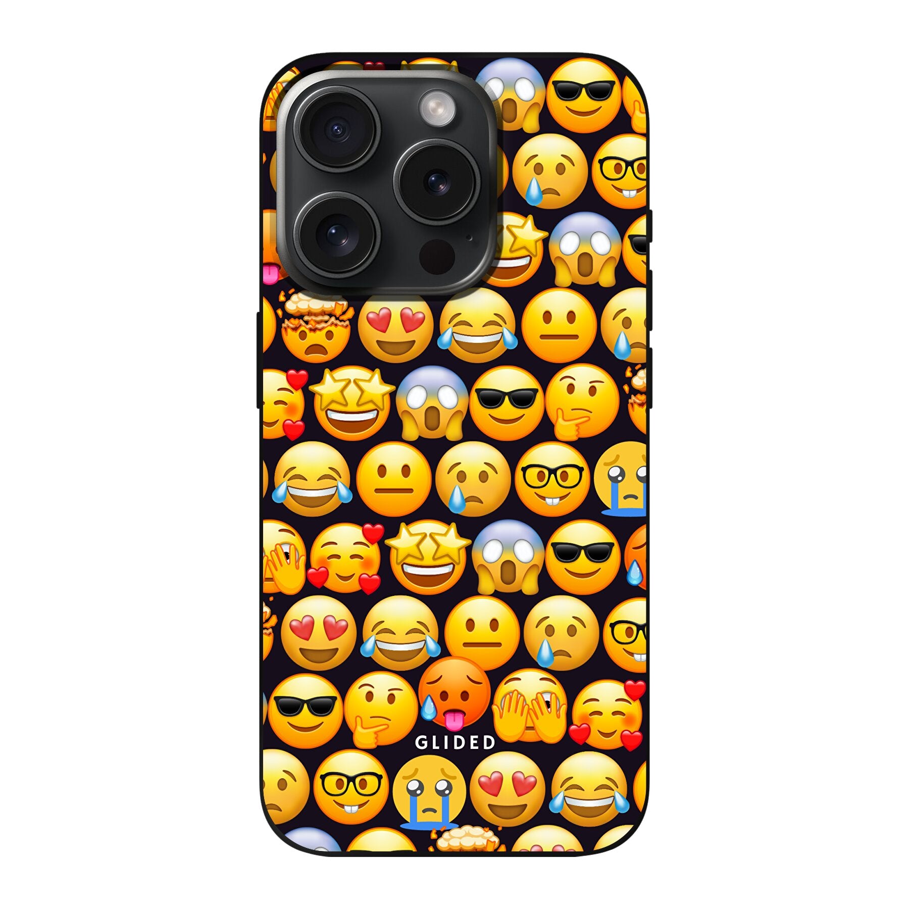 Bunte Emoji Town iPhone 15 Pro Handyhülle mit verschiedenen Emojis, die Freude und Persönlichkeit ausstrahlen.