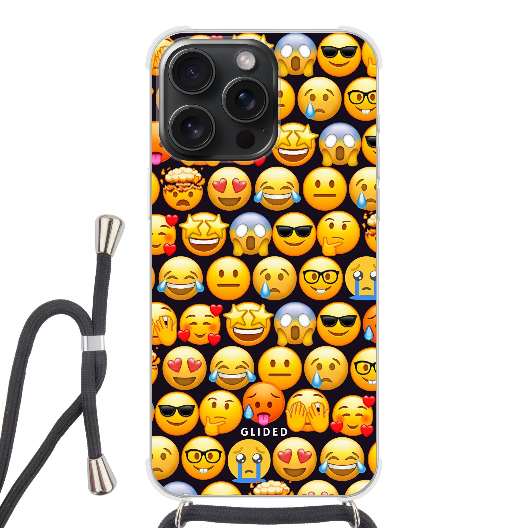 Bunte Emoji Town iPhone 15 Pro Handyhülle mit verschiedenen Emojis, die Freude und Persönlichkeit ausstrahlen.