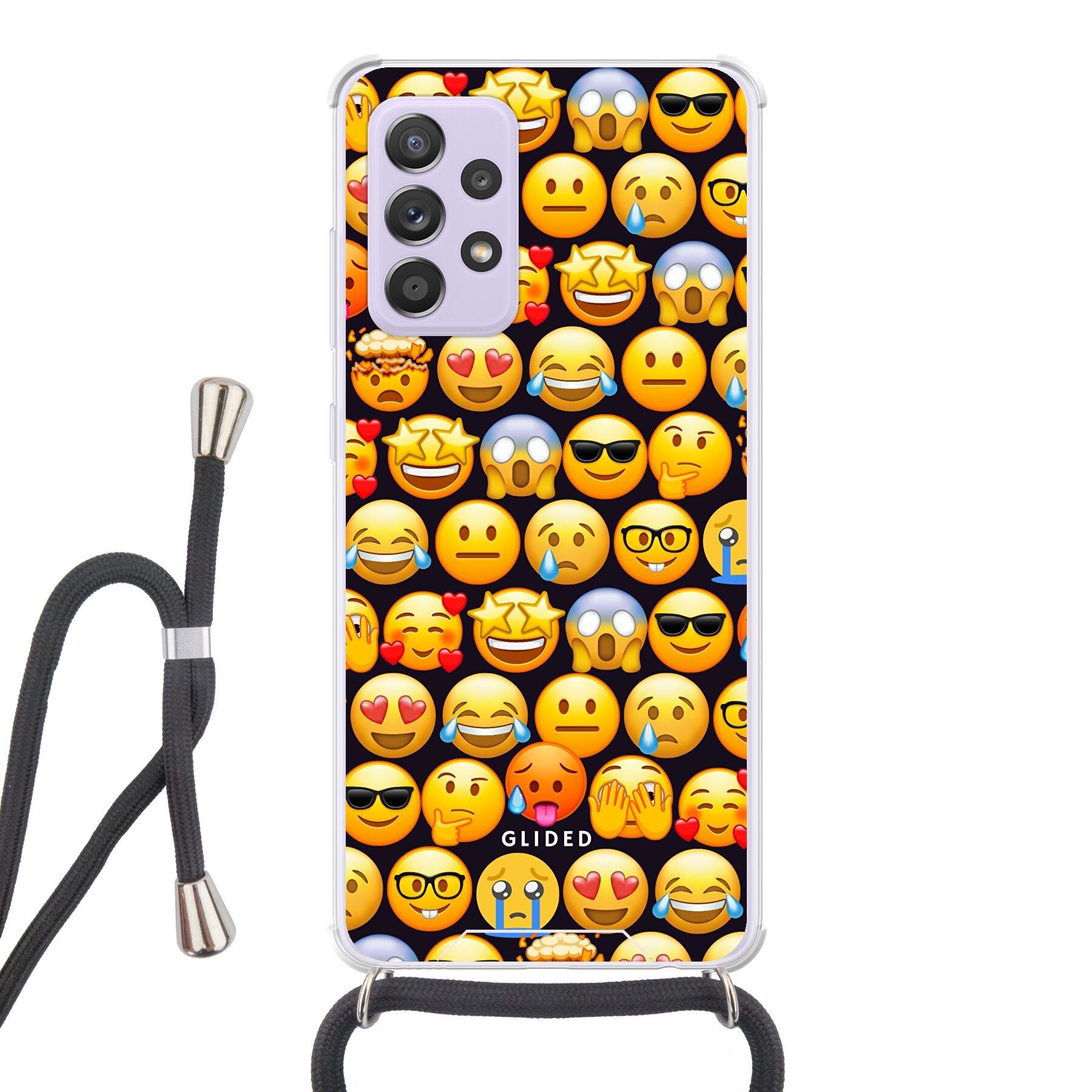 Bunte Emoji Town Handyhülle für Samsung Galaxy A52, A52 5G und A52s 5G mit lebendigen Emojis, die Freude und Persönlichkeit ausstrahlen.