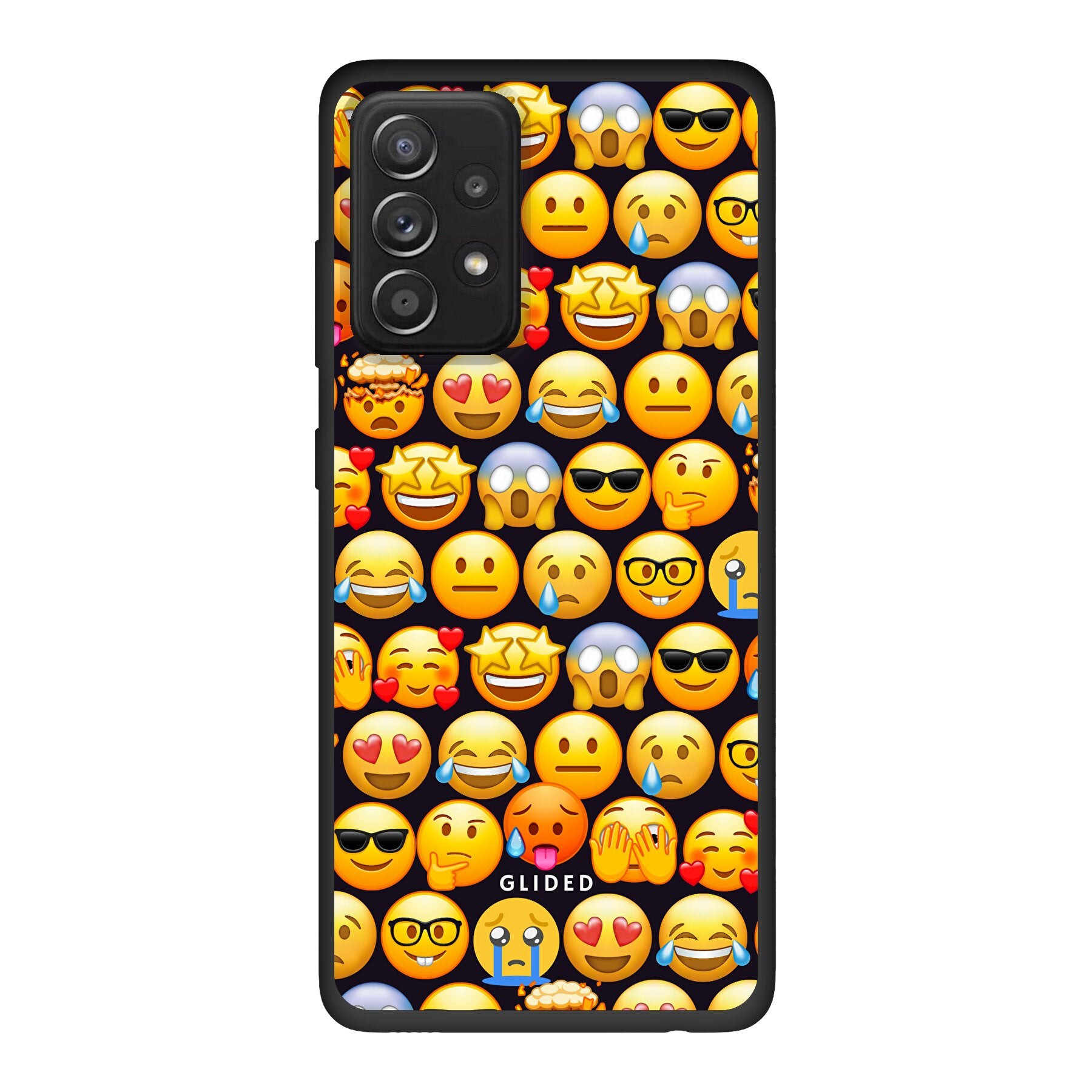 Bunte Emoji Town Handyhülle für Samsung Galaxy A52, A52 5G und A52s 5G mit lebendigen Emojis, die Freude und Persönlichkeit ausstrahlen.