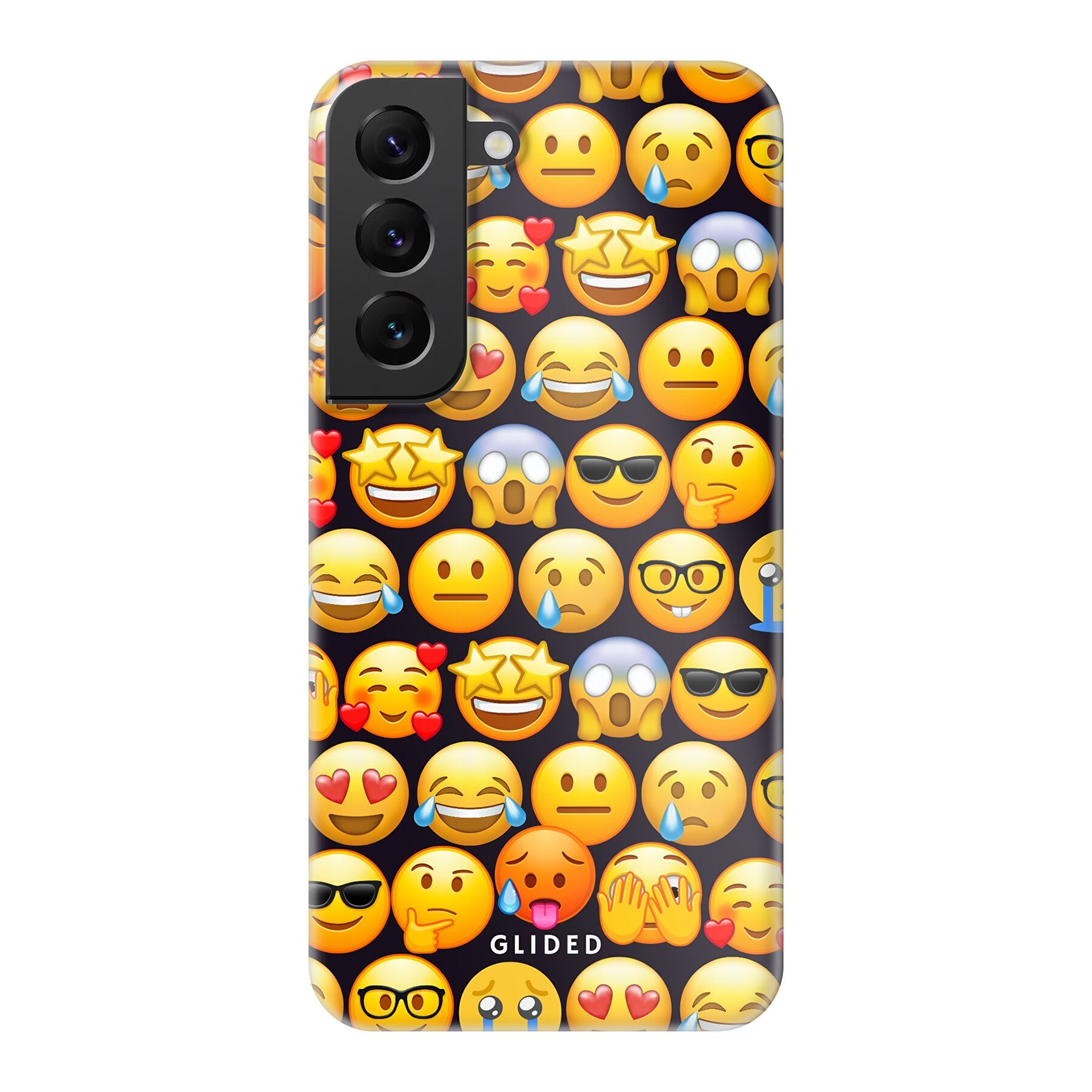 Bunte Emoji Town Handyhülle für Samsung Galaxy S22 mit verschiedenen Emojis, die Freude und Persönlichkeit ausstrahlen.