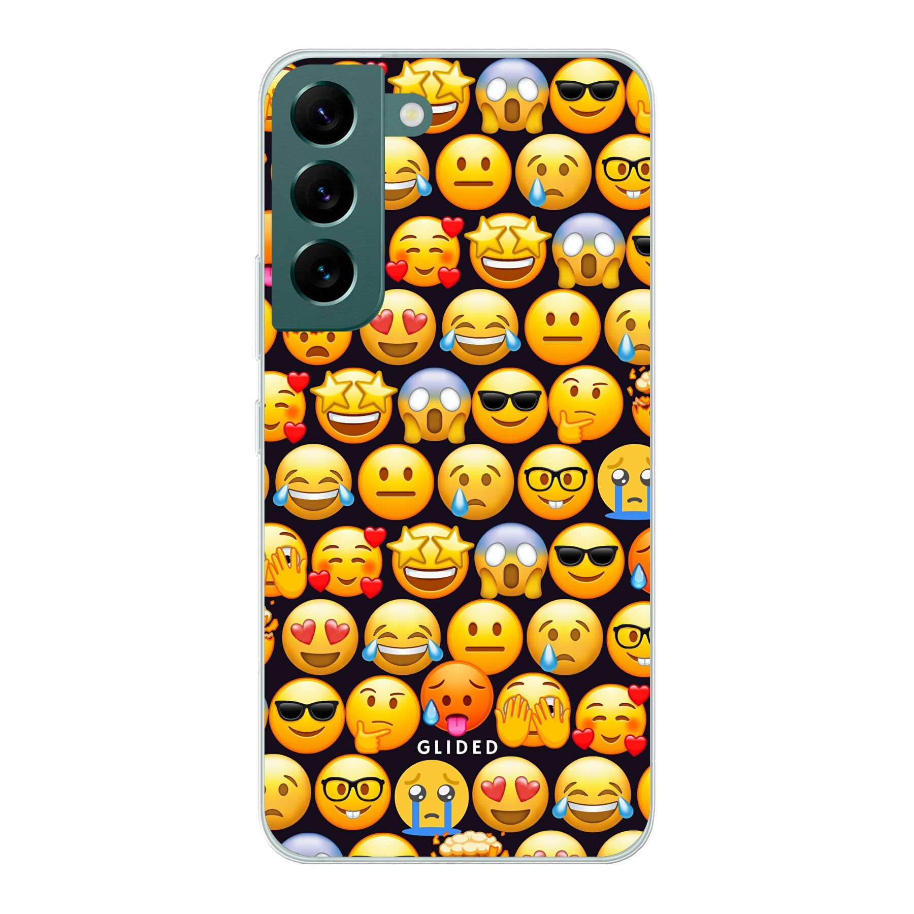Bunte Emoji Town Handyhülle für Samsung Galaxy S22 mit verschiedenen Emojis, die Freude und Persönlichkeit ausstrahlen.
