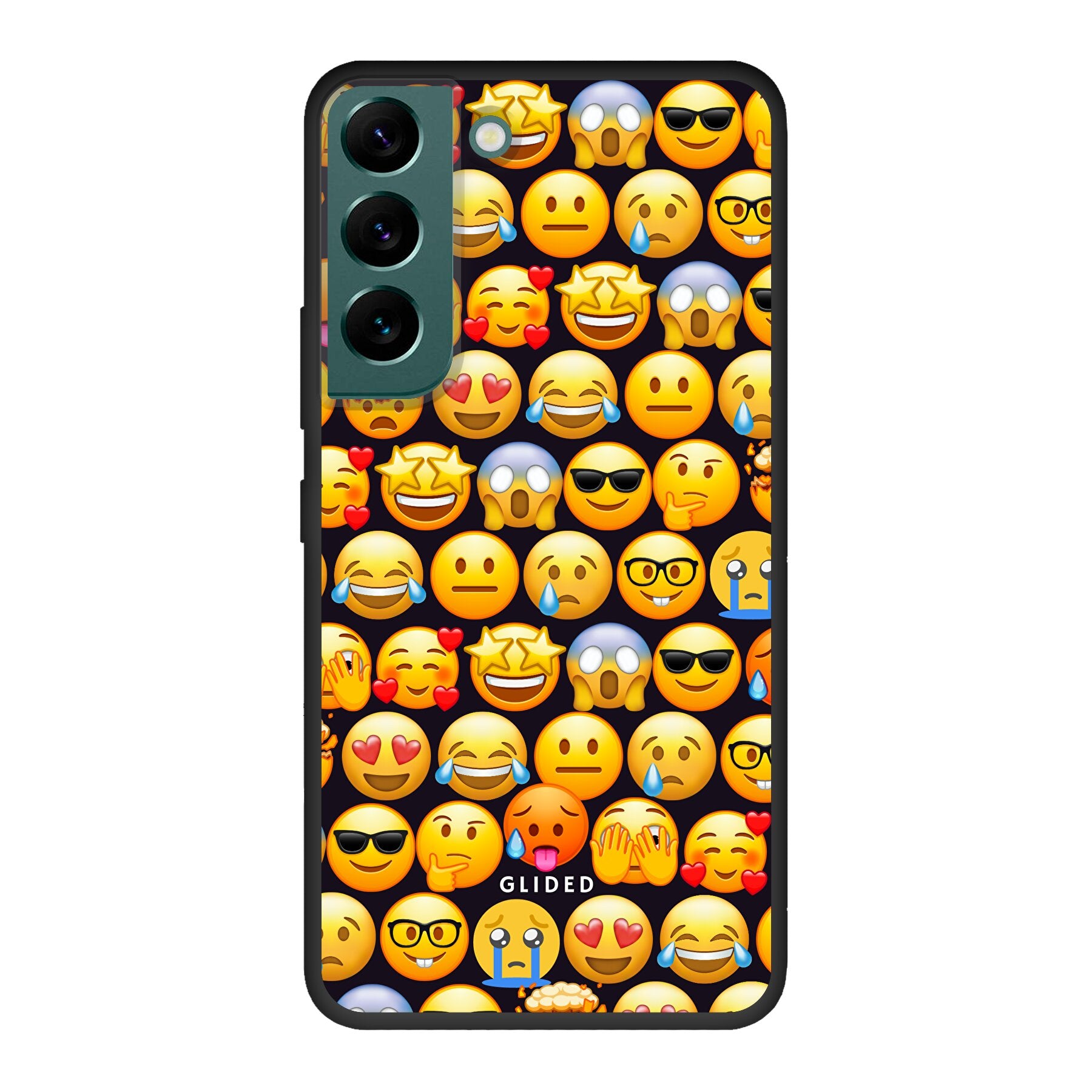 Bunte Emoji Town Handyhülle für Samsung Galaxy S22 mit verschiedenen Emojis, die Freude und Persönlichkeit ausstrahlen.
