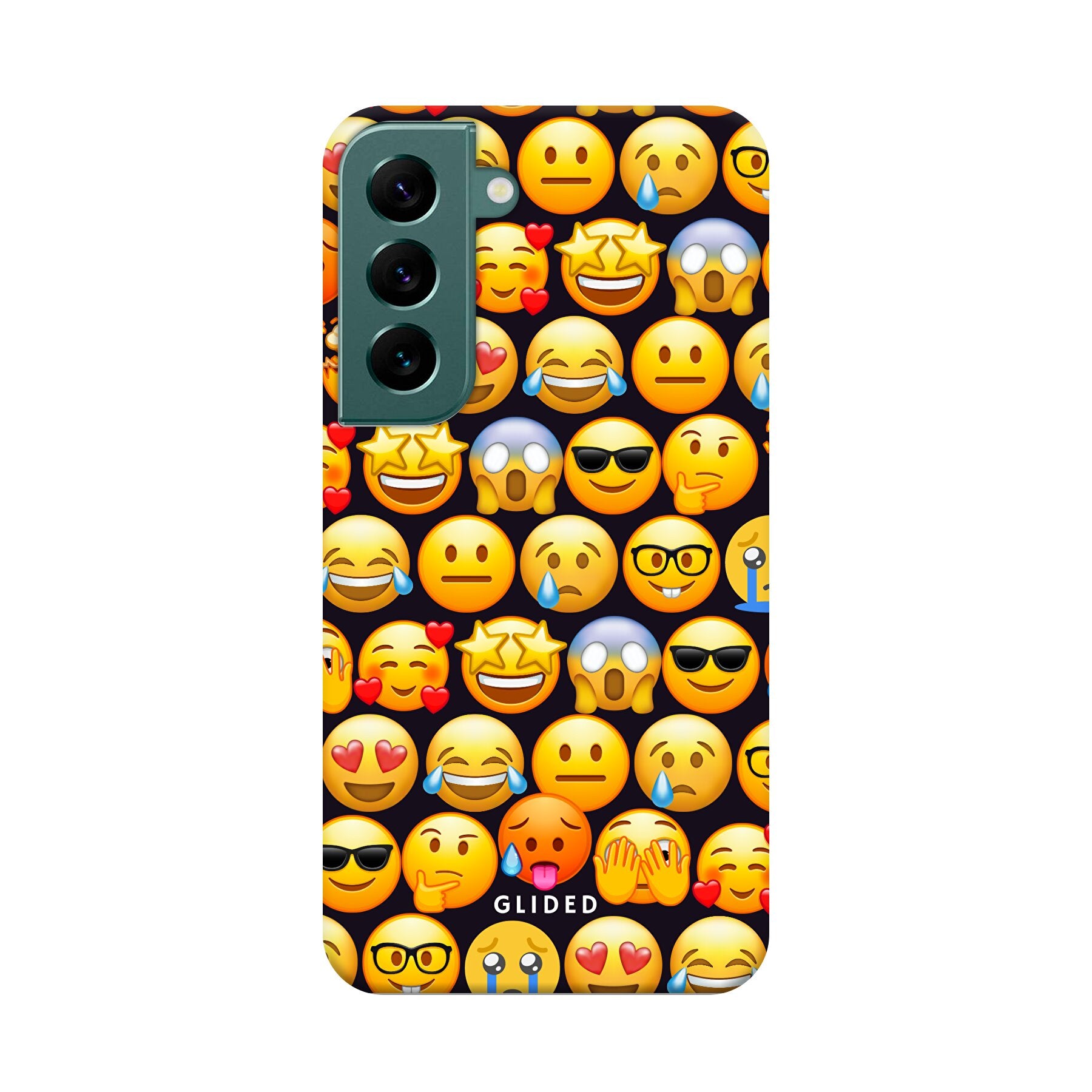 Bunte Emoji Town Handyhülle für Samsung Galaxy S22 mit verschiedenen Emojis, die Freude und Persönlichkeit ausstrahlen.