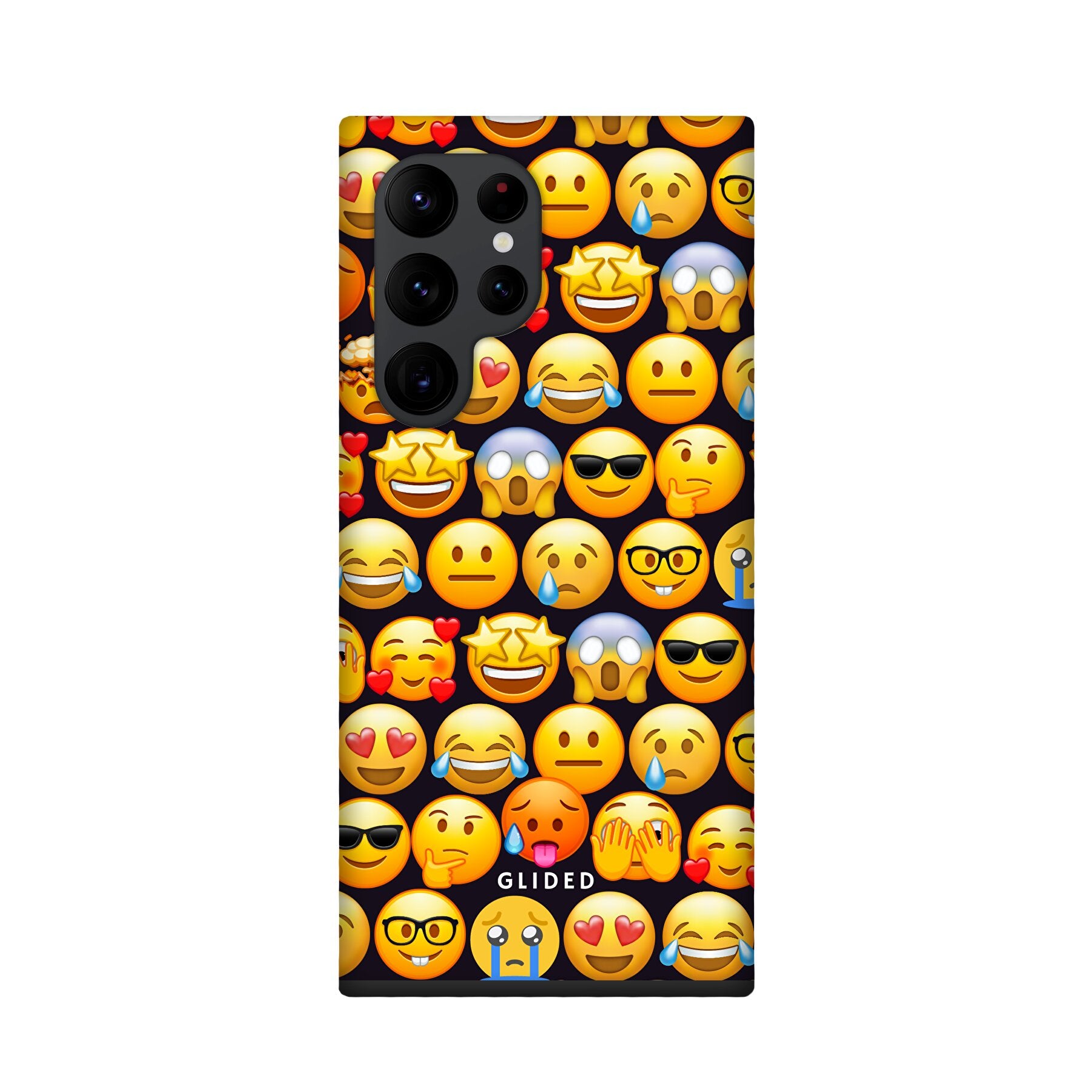 Bunte Emoji Town Handyhülle für Samsung Galaxy S22 Ultra mit verschiedenen Emojis, die Freude und Persönlichkeit ausstrahlen.
