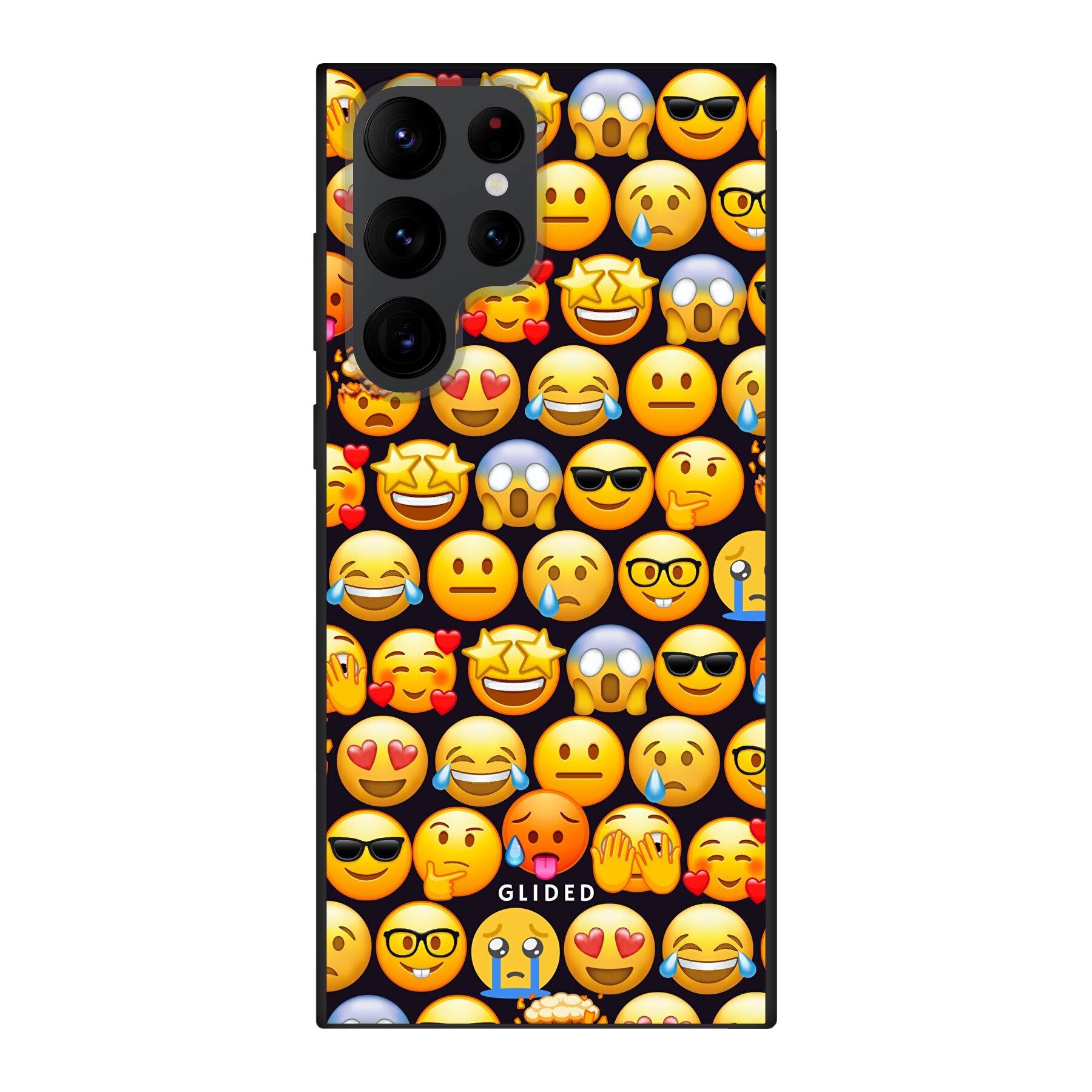 Bunte Emoji Town Handyhülle für Samsung Galaxy S22 Ultra mit verschiedenen Emojis, die Freude und Persönlichkeit ausstrahlen.