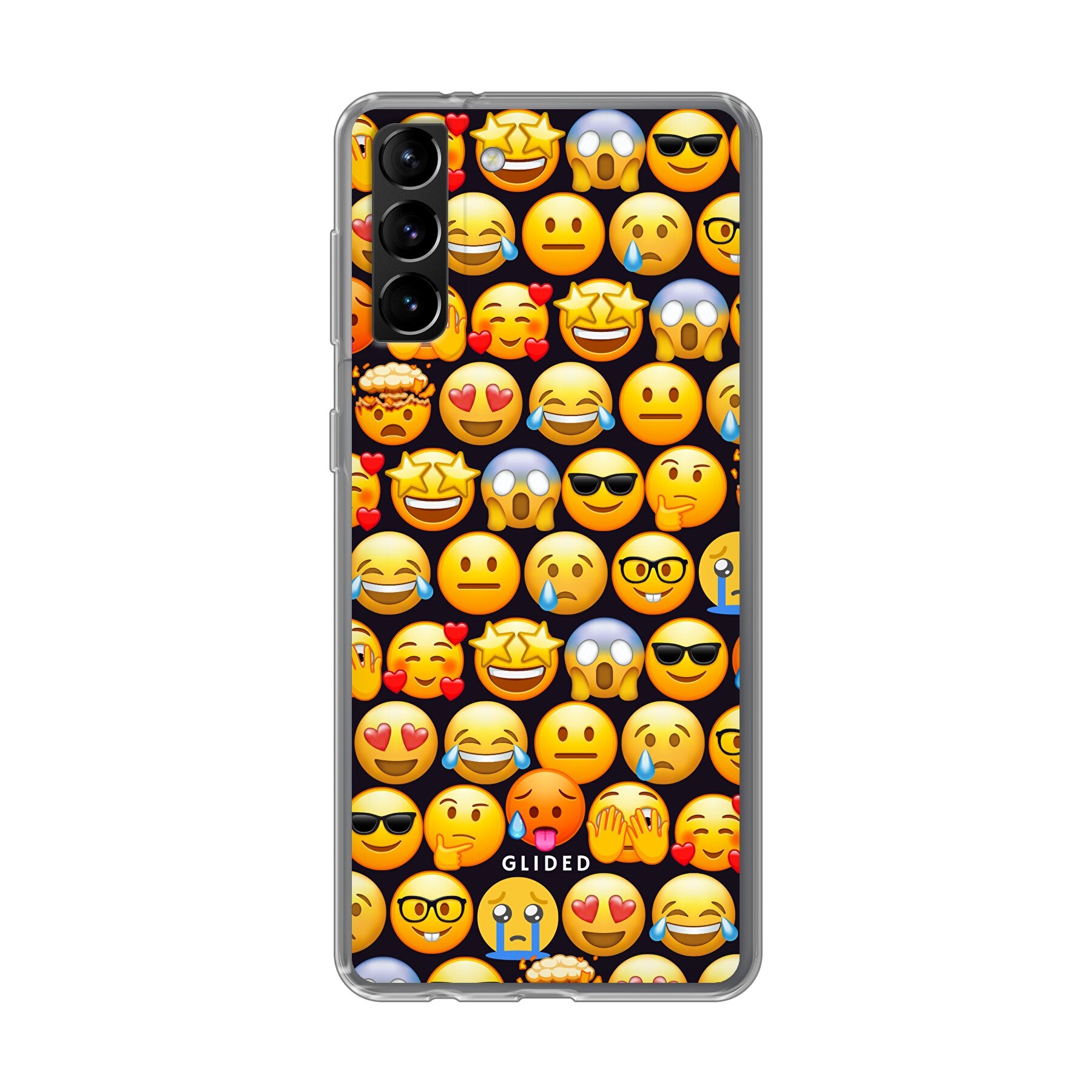 Bunte Emoji Town Handyhülle für Samsung Galaxy S21 Plus 5G mit verschiedenen Emojis, die Freude und Persönlichkeit ausstrahlen.