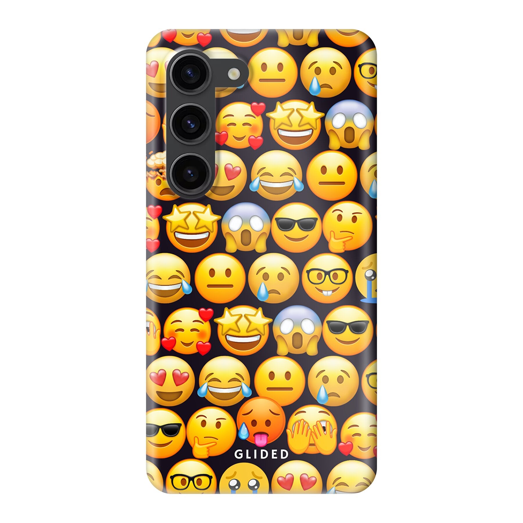 Bunte Emoji Town Handyhülle für Samsung Galaxy S23 mit verschiedenen Emojis, die Freude und Persönlichkeit ausstrahlen.