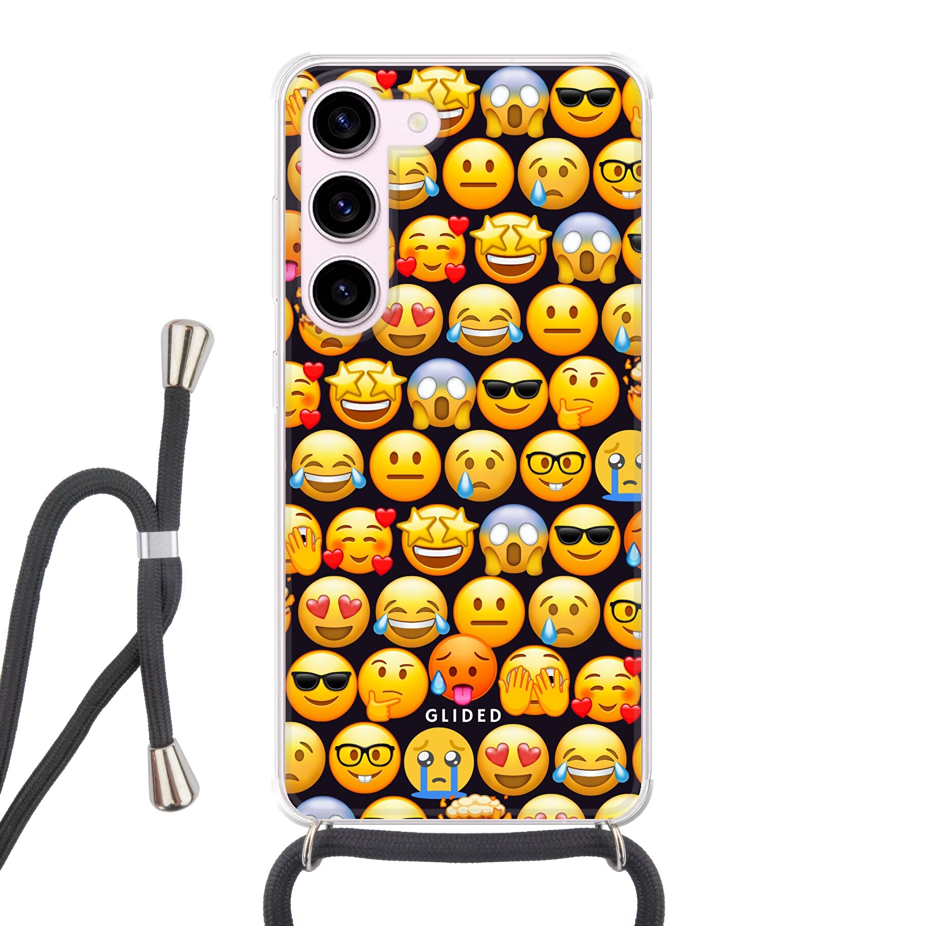 Bunte Emoji Town Handyhülle für Samsung Galaxy S23 mit verschiedenen Emojis, die Freude und Persönlichkeit ausstrahlen.