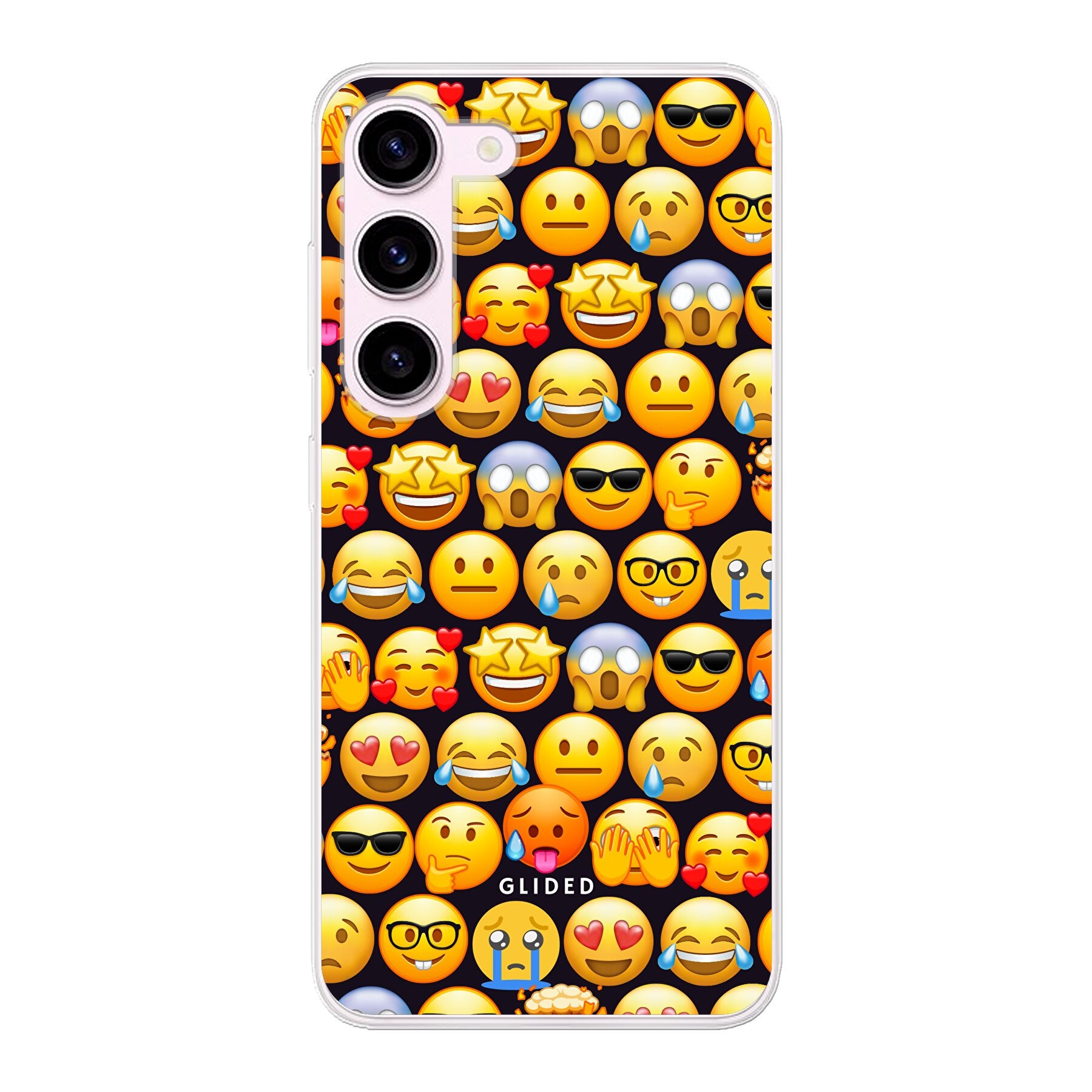 Bunte Emoji Town Handyhülle für Samsung Galaxy S23 mit verschiedenen Emojis, die Freude und Persönlichkeit ausstrahlen.