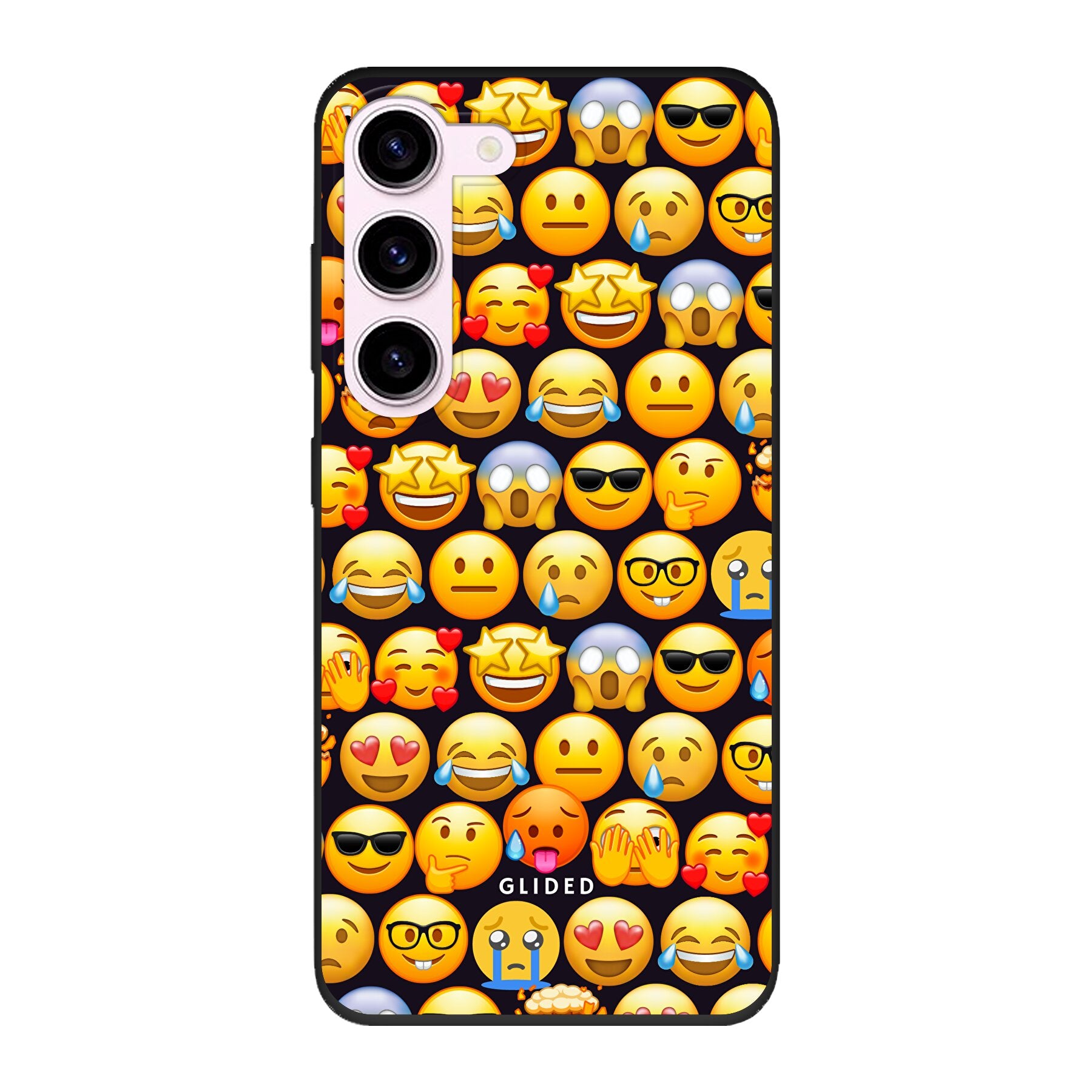 Bunte Emoji Town Handyhülle für Samsung Galaxy S23 mit verschiedenen Emojis, die Freude und Persönlichkeit ausstrahlen.