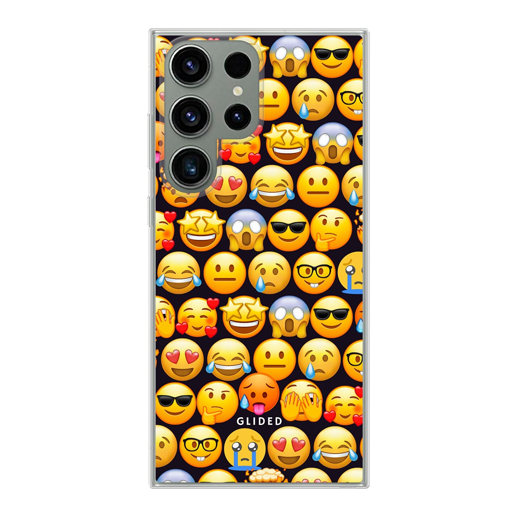 Bunte Emoji Town Handyhülle für Samsung Galaxy S23 Ultra mit verschiedenen Emojis, die Freude und Persönlichkeit ausstrahlen.