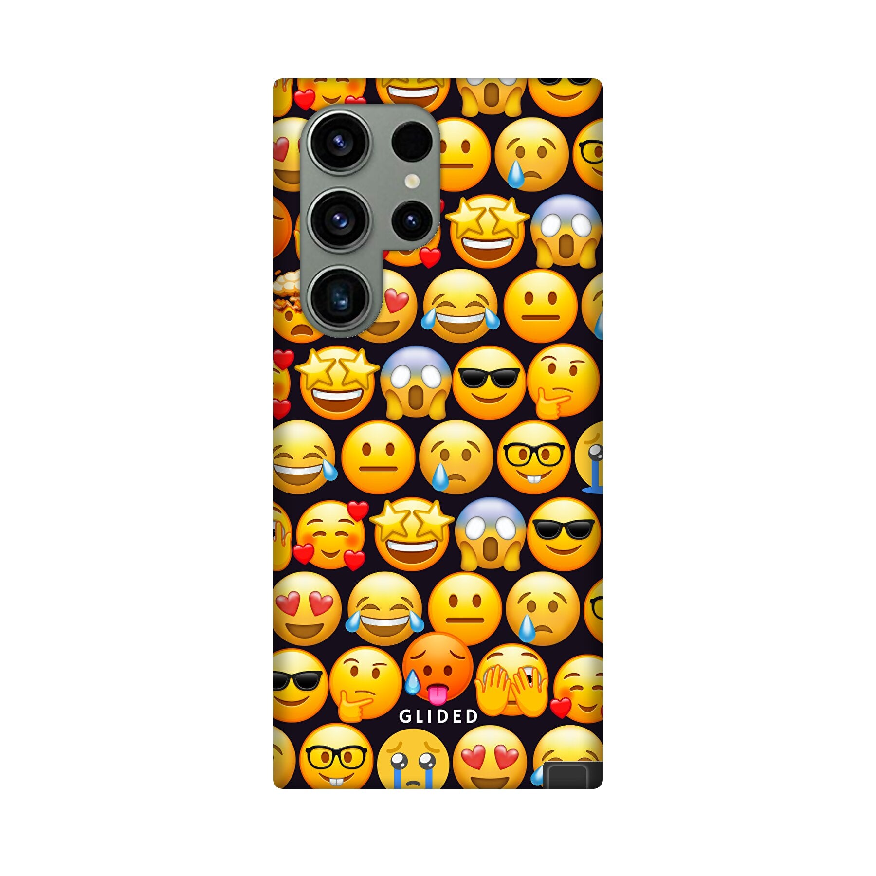 Bunte Emoji Town Handyhülle für Samsung Galaxy S23 Ultra mit verschiedenen Emojis, die Freude und Persönlichkeit ausstrahlen.