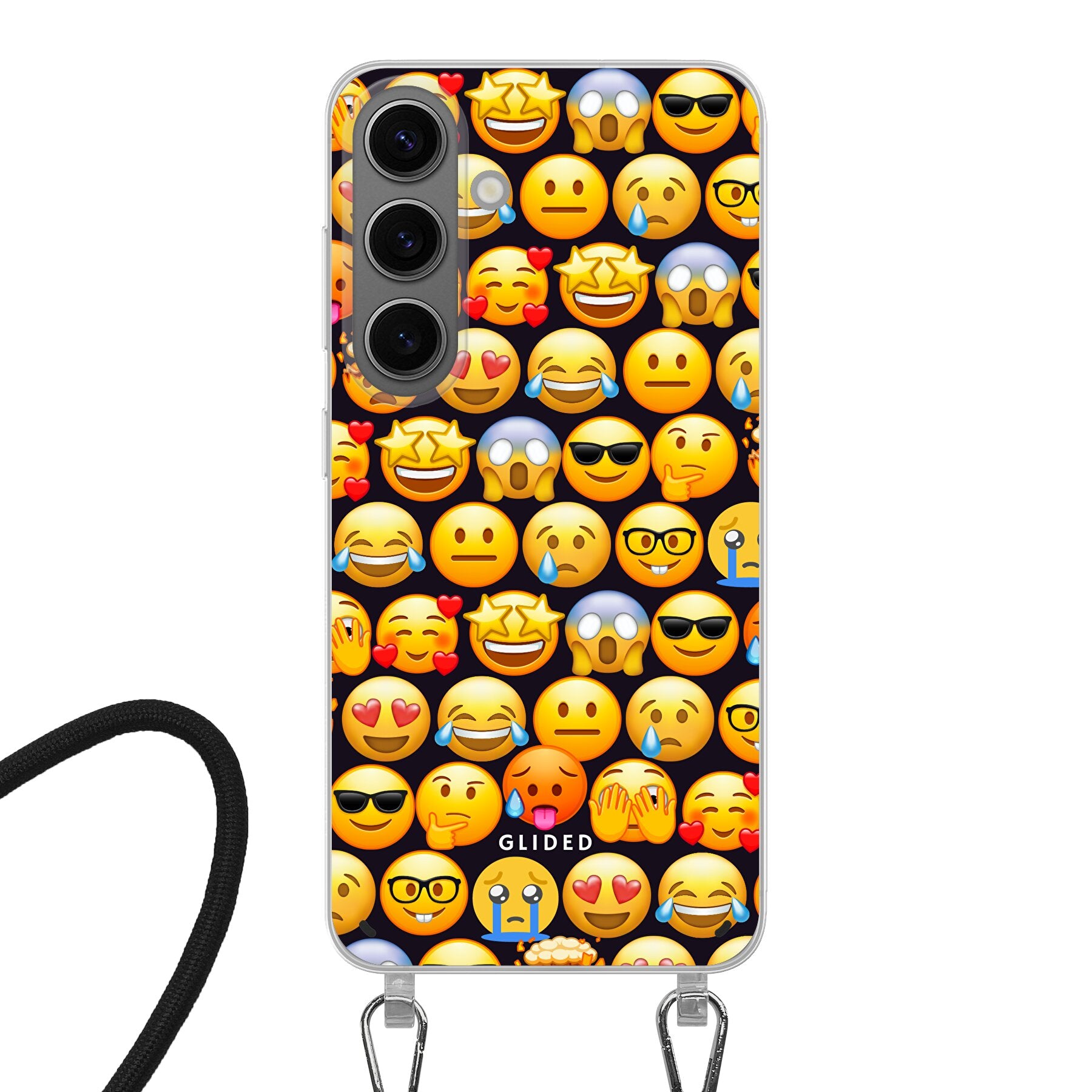Bunte Emoji Town Handyhülle für Samsung Galaxy S24 mit verschiedenen Emojis, die Freude und Persönlichkeit ausstrahlen.