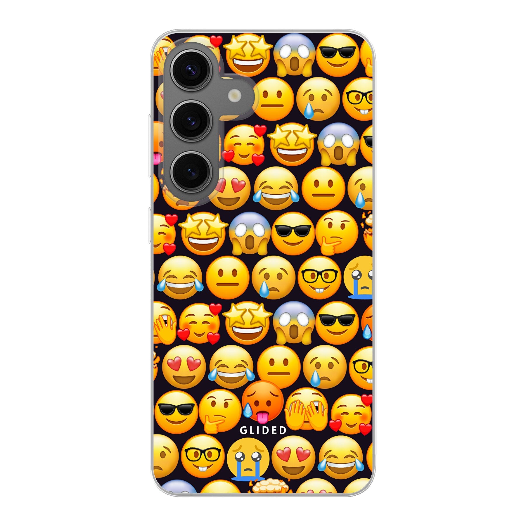 Bunte Emoji Town Handyhülle für Samsung Galaxy S24 mit verschiedenen Emojis, die Freude und Persönlichkeit ausstrahlen.