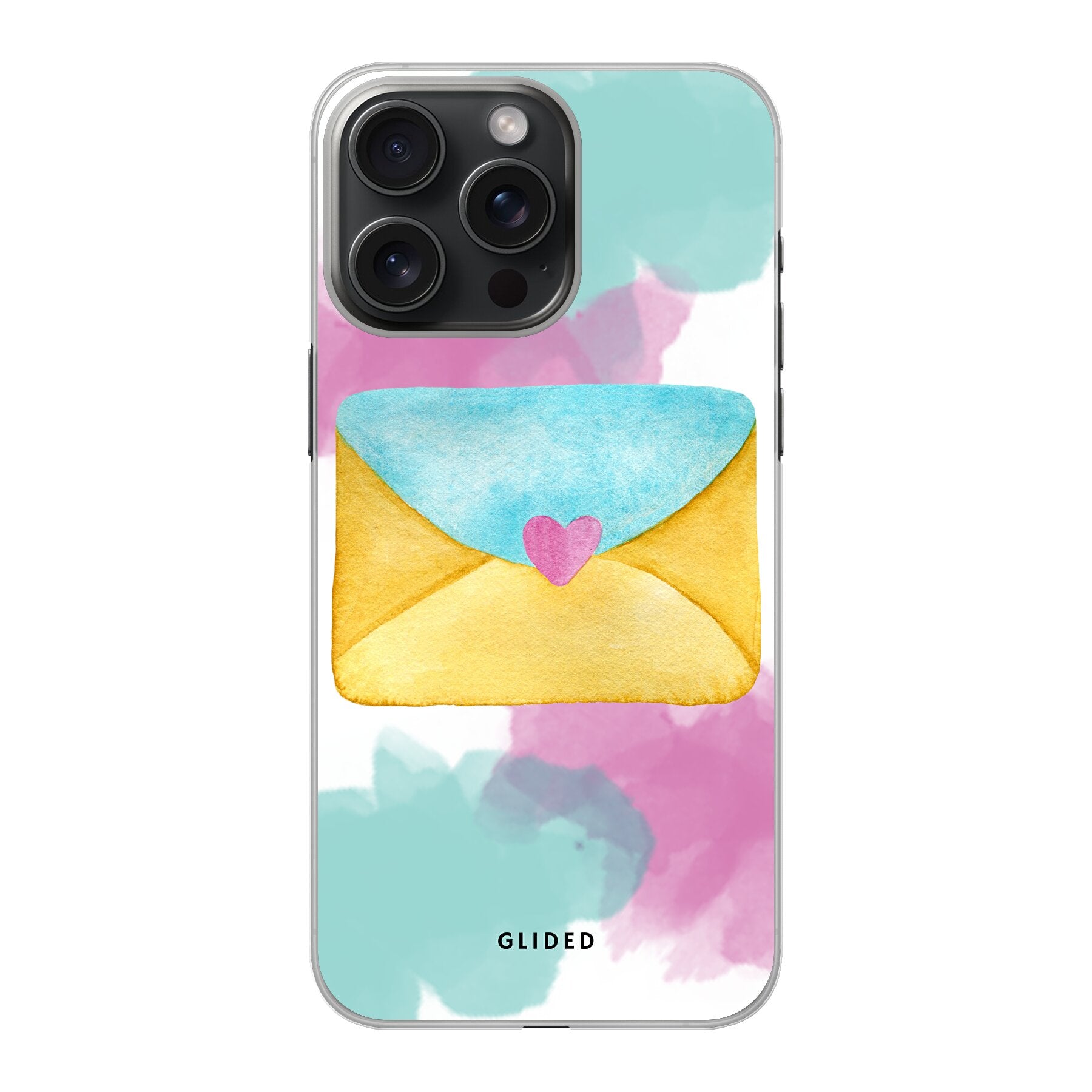 Envelope Handyhülle für iPhone 15 Pro in sanften Pastellfarben mit romantischem Liebesbrief-Design.