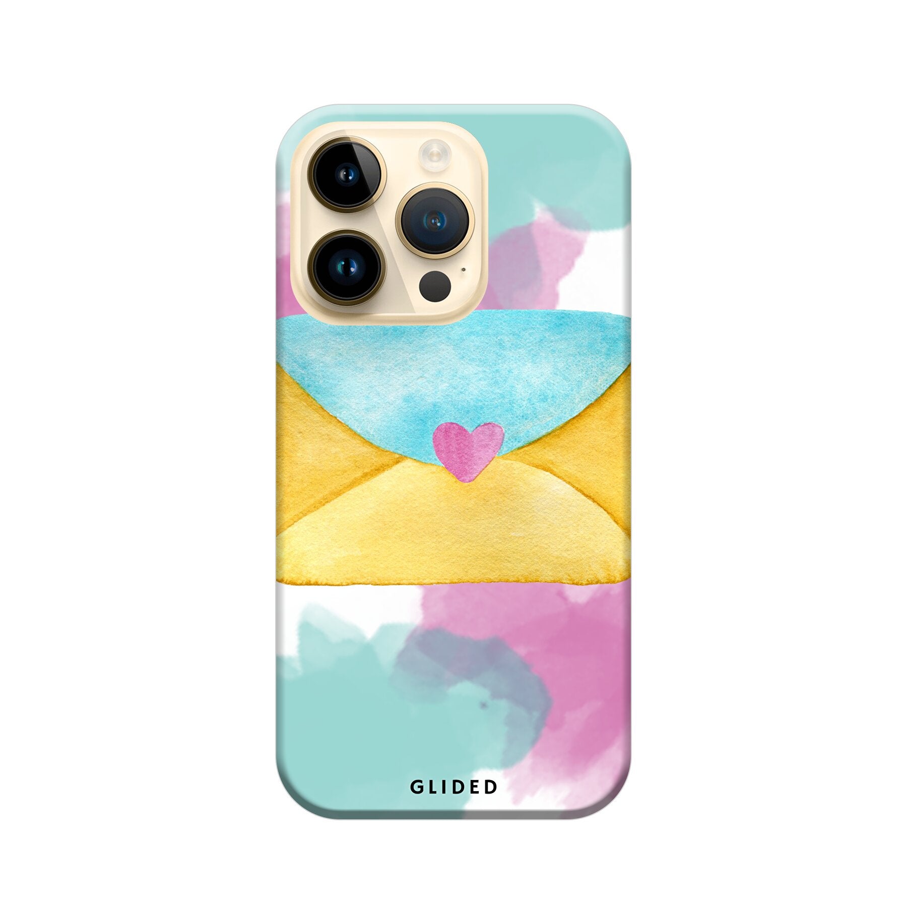 Envelope Handyhülle für iPhone 15 Pro in sanften Pastellfarben mit romantischem Liebesbrief-Design.