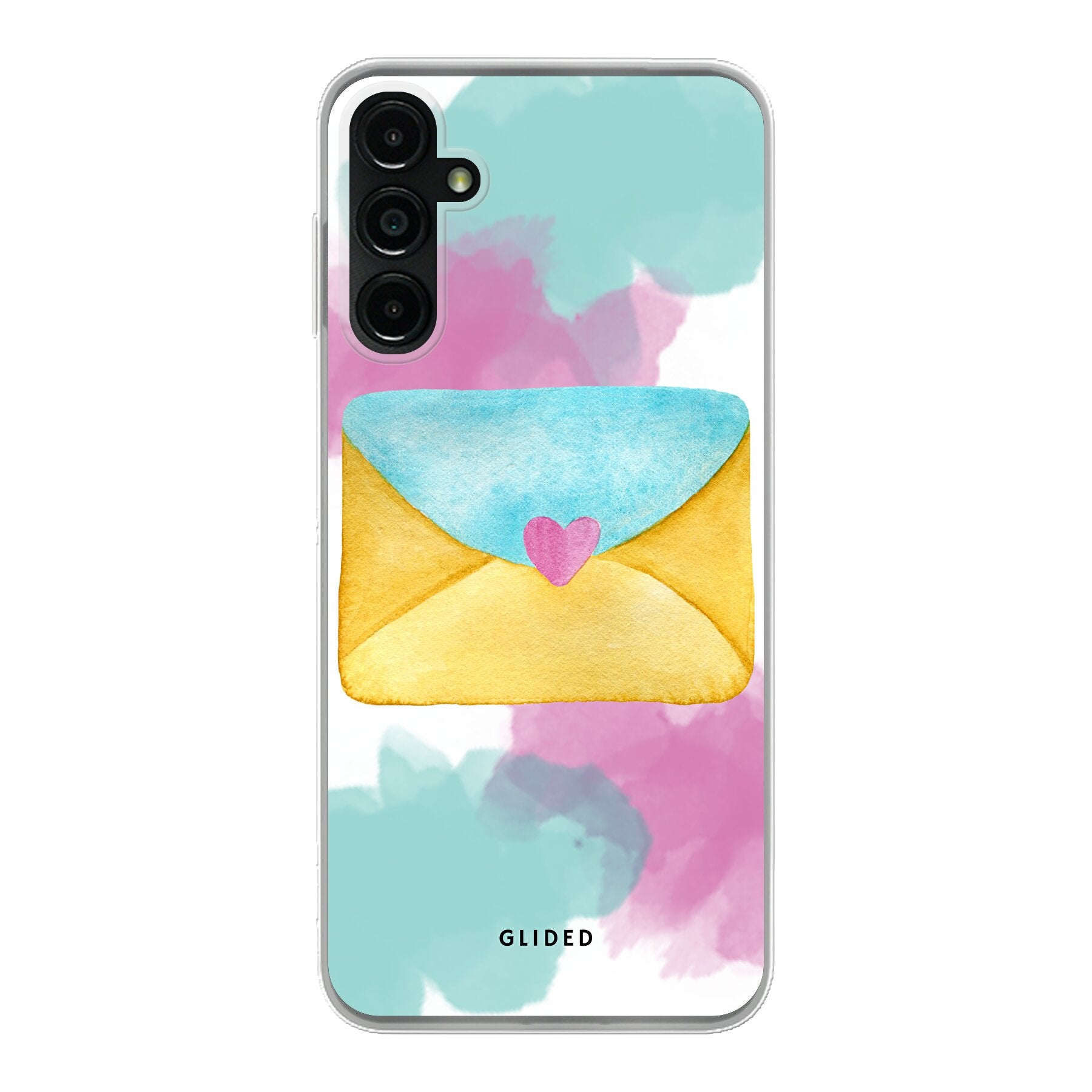 Samsung Galaxy A14 5G Handyhülle in sanften Pastellfarben mit romantischem Liebesbrief-Design.