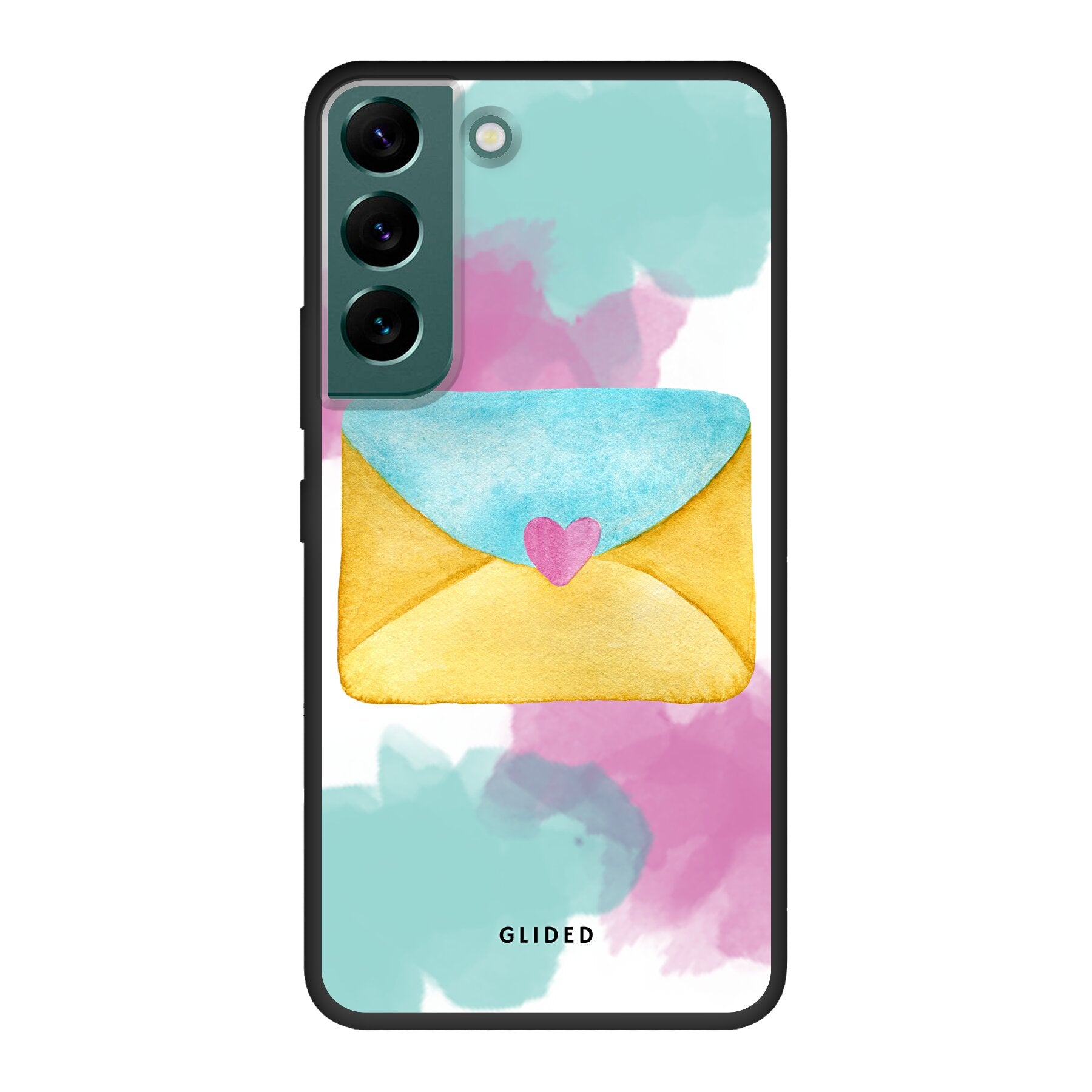 Envelope Handyhülle für Samsung Galaxy S22 in sanften Pastellfarben mit romantischem Liebesbrief-Design.
