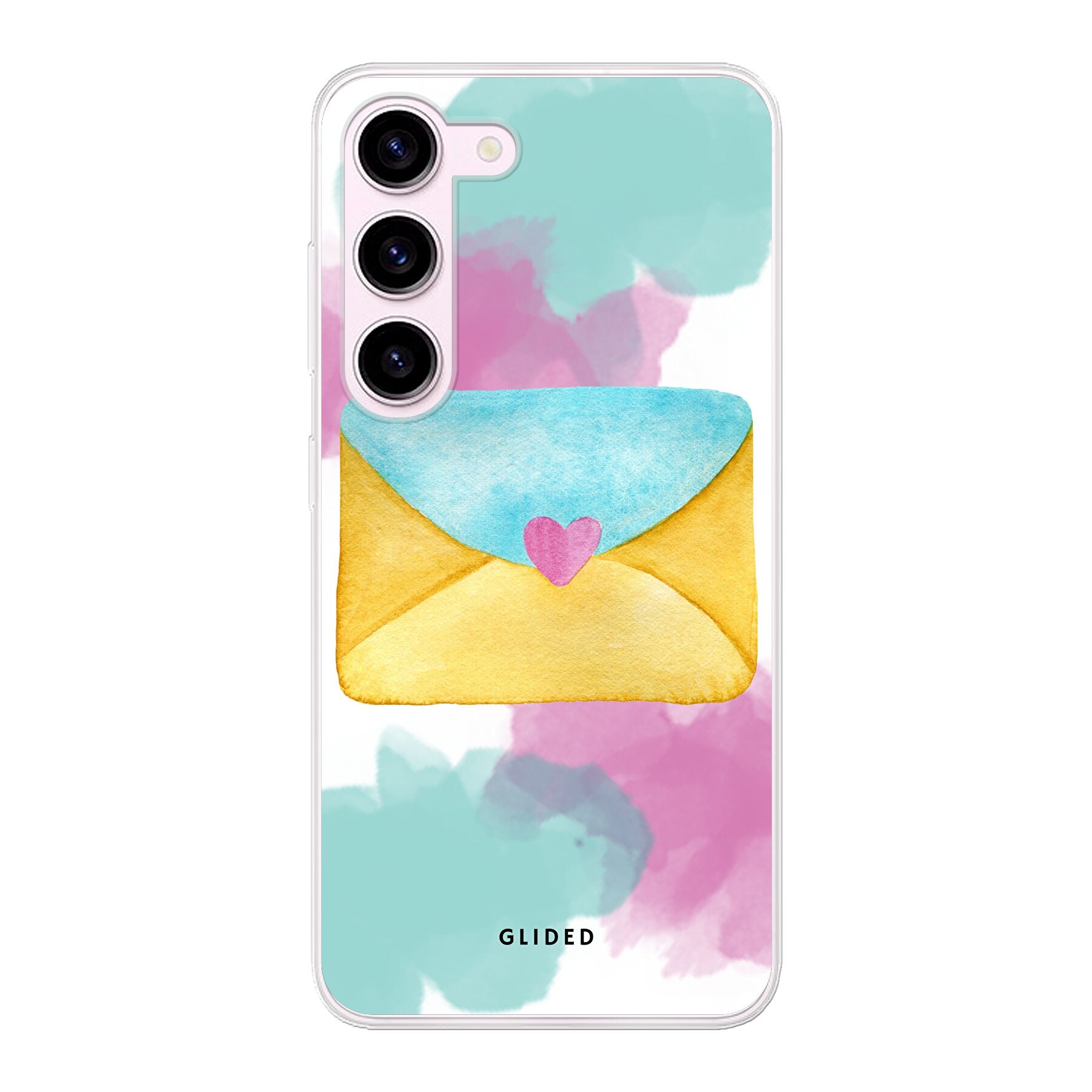 Romantische Samsung Galaxy S23 Handyhülle in Pastellfarben mit einem Liebesbrief-Design.